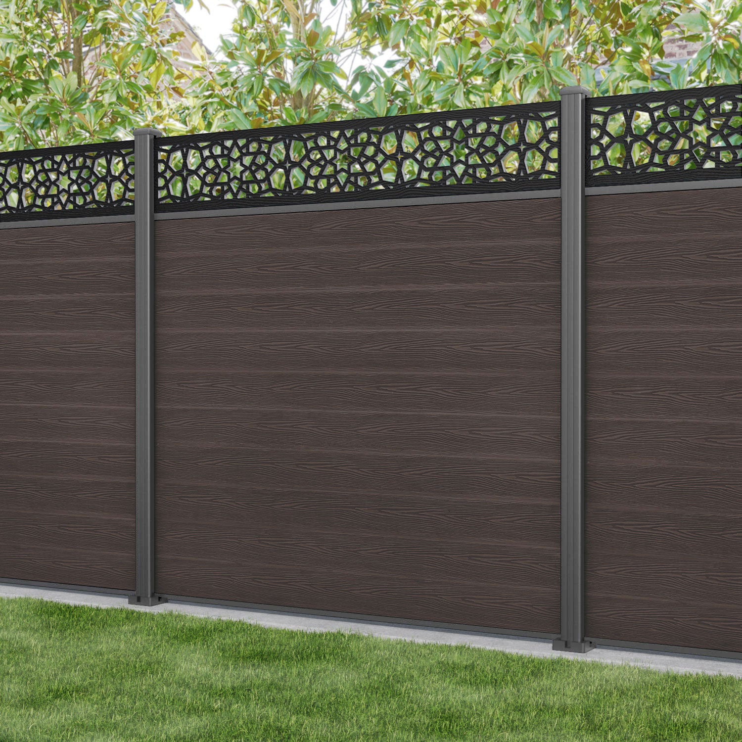 Classic Nazira Fence Panel - Mid Brown - with our aluminium posts