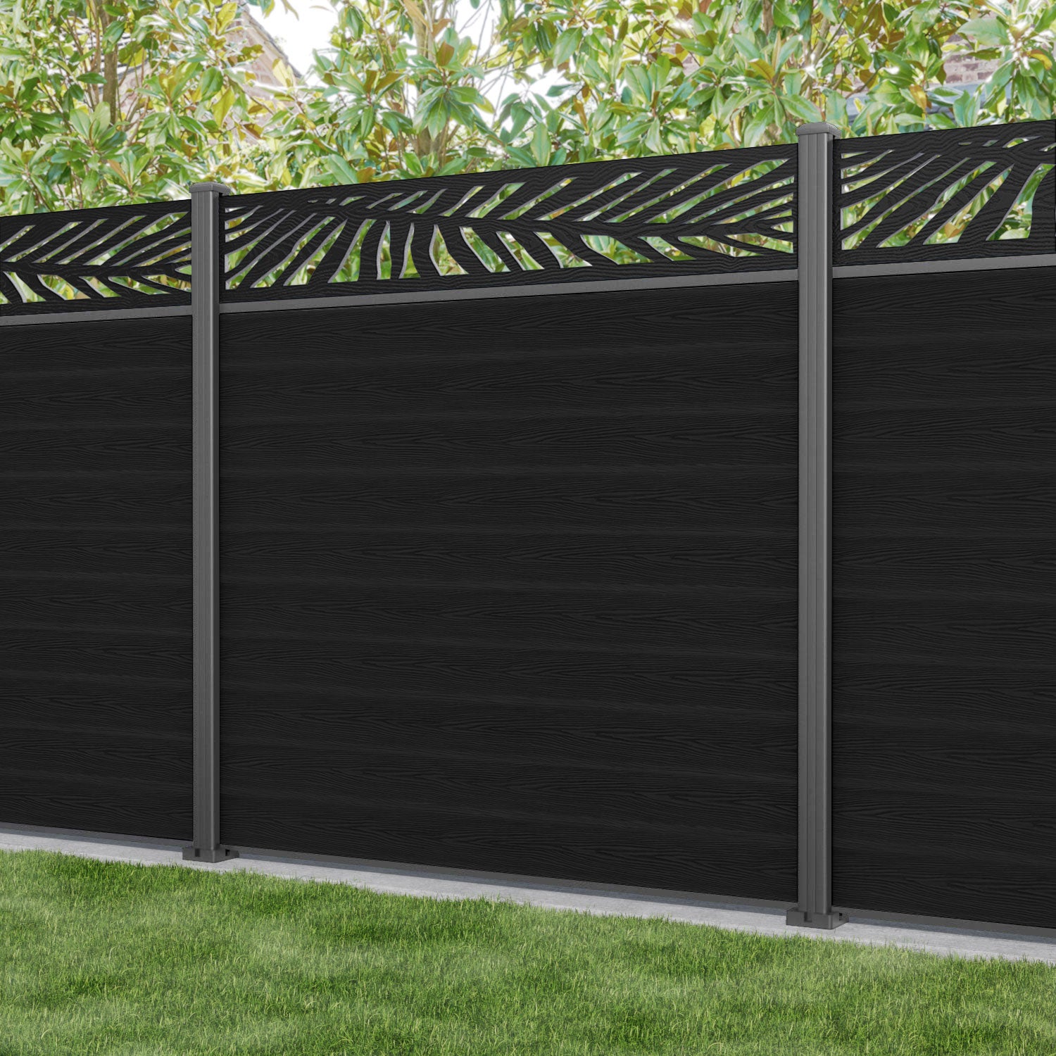 Classic Palm Fence Panel - Black - with our aluminium posts