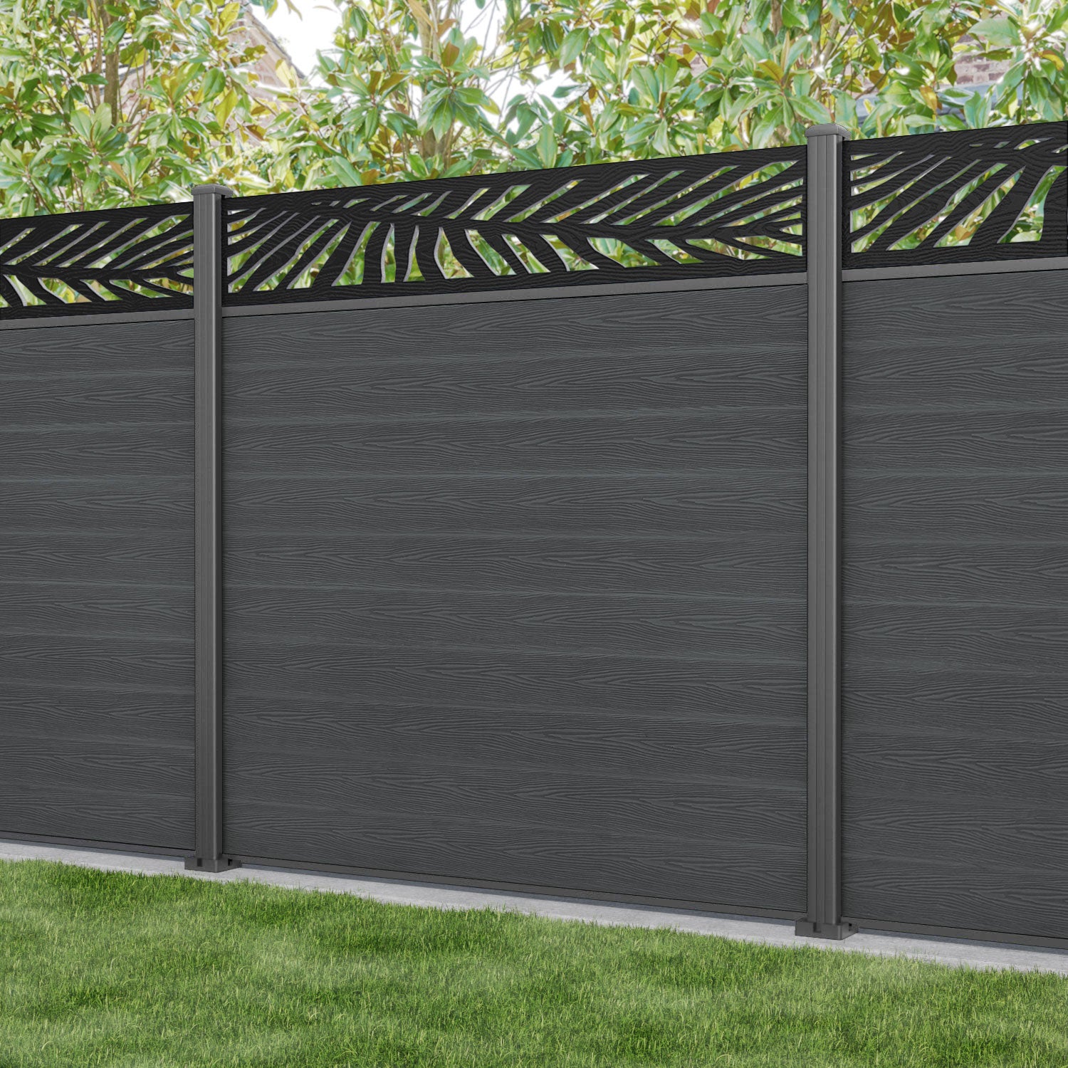 Classic Palm Fence Panel - Dark Grey - with our aluminium posts