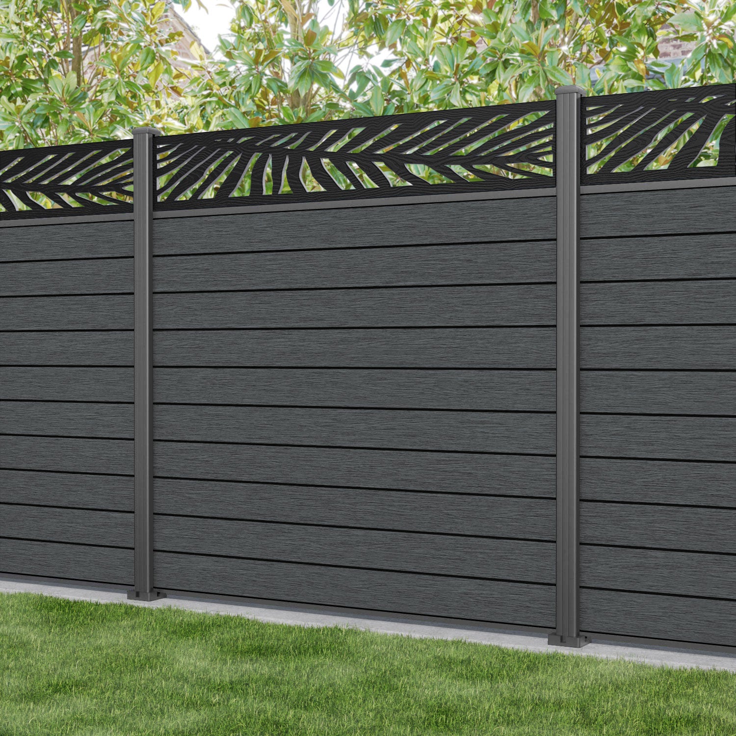 Fusion Palm Fence Panel - Dark Grey - with our aluminium posts