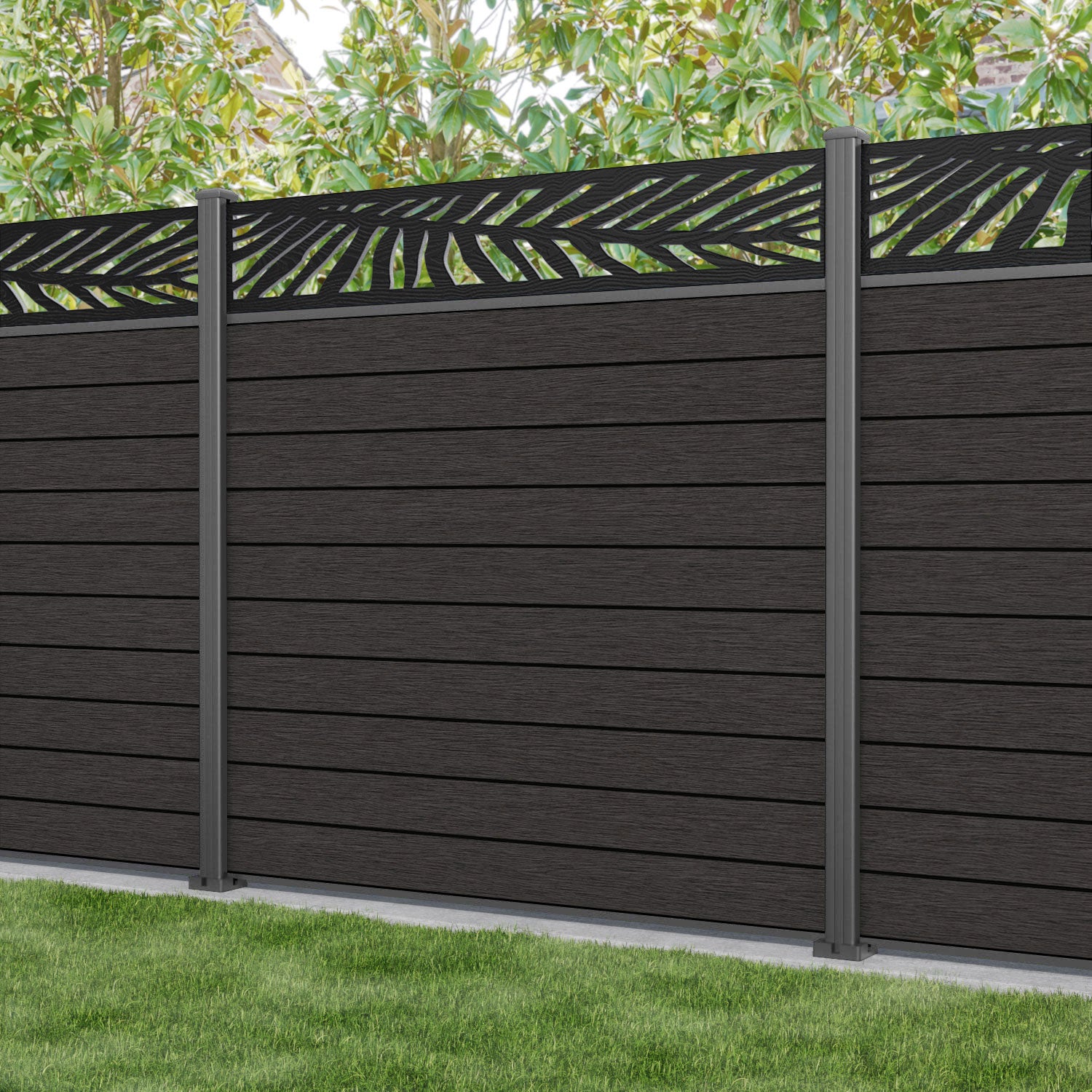 Fusion Palm Fence Panel - Dark Oak - with our aluminium posts
