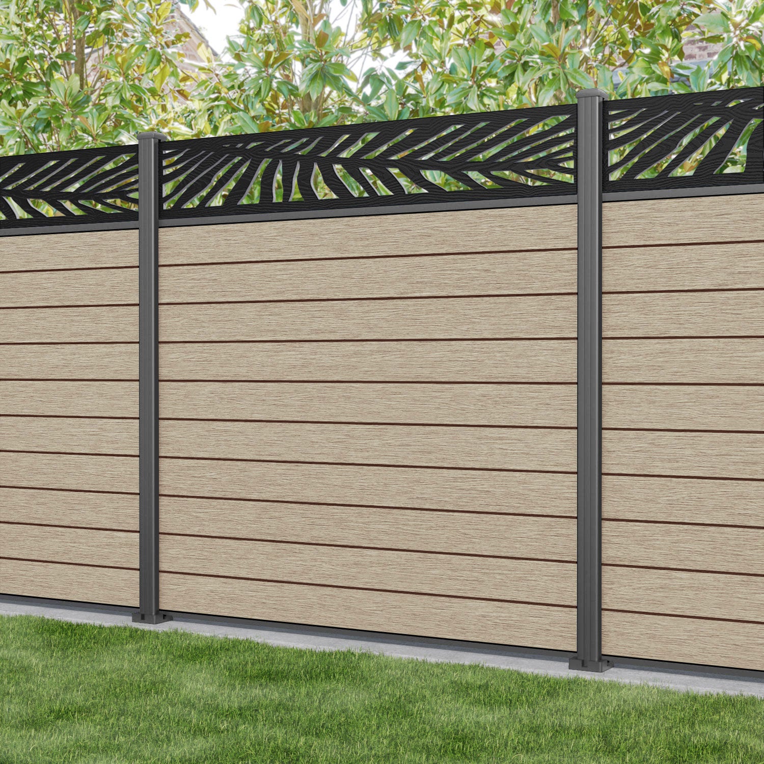Fusion Palm Fence Panel - Light Oak - with our aluminium posts