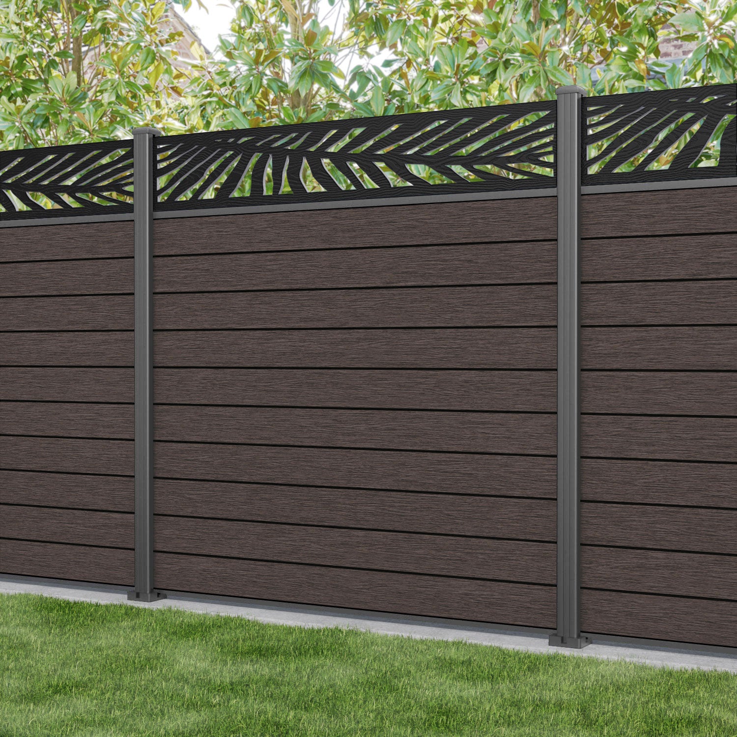 Fusion Palm Fence Panel - Mid Brown - with our aluminium posts