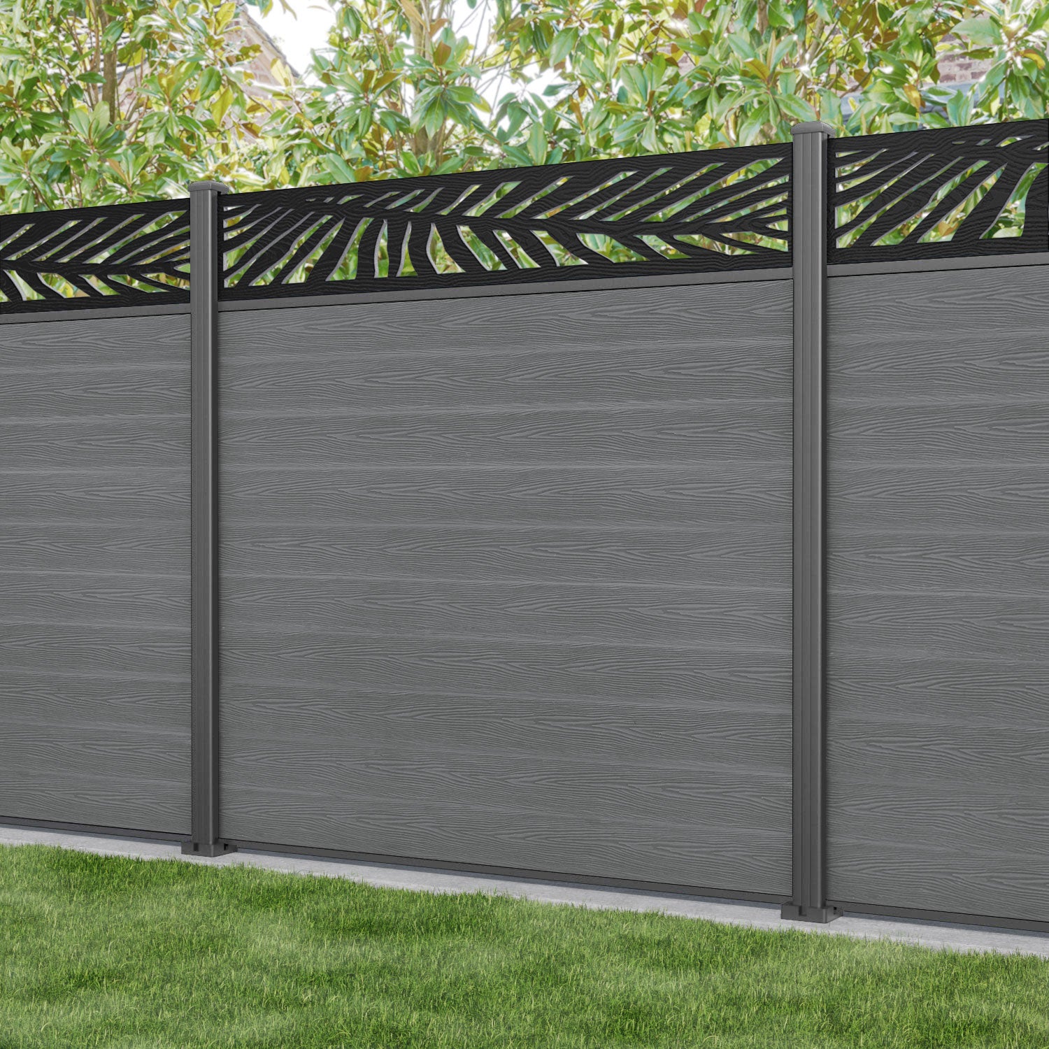 Classic Palm Fence Panel - Mid Grey - with our aluminium posts