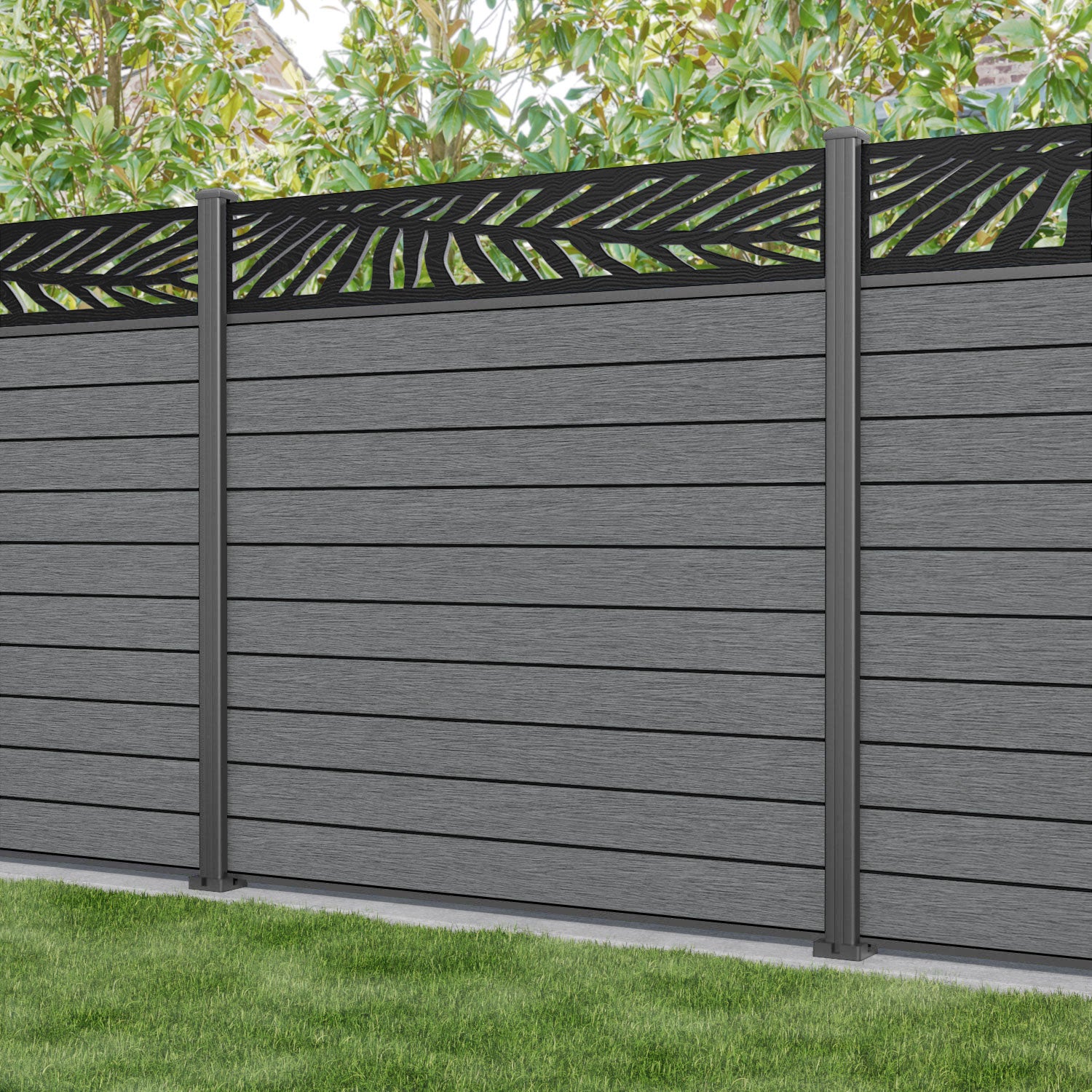 Fusion Palm Fence Panel - Mid Grey - with our aluminium posts