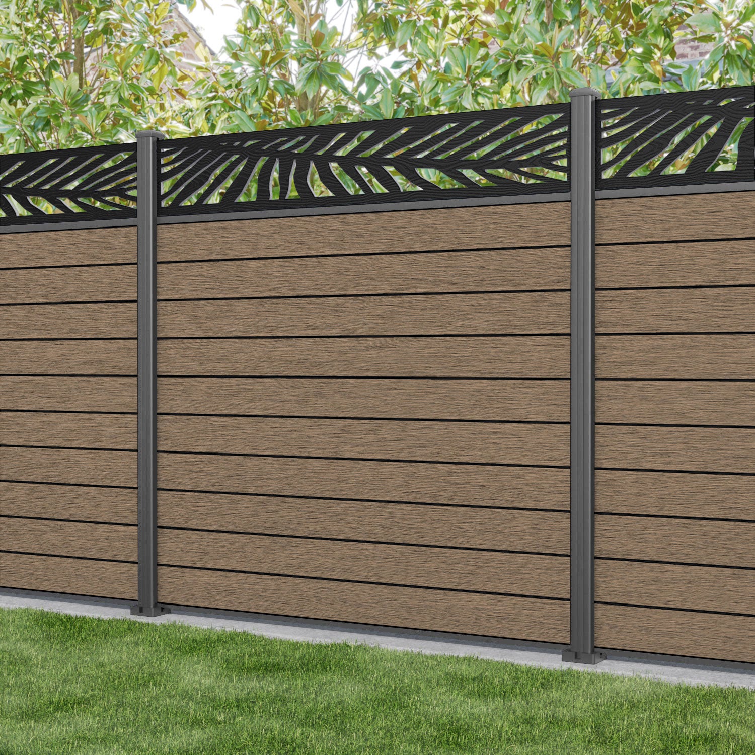 Fusion Palm Fence Panel - Teak - with our aluminium posts