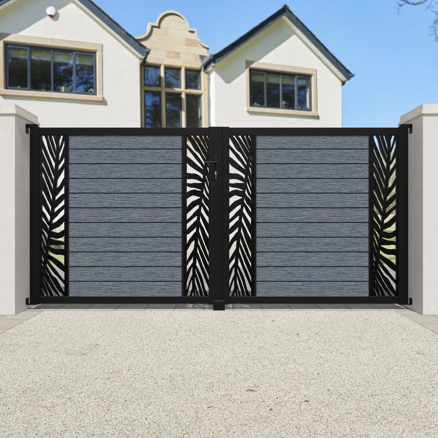 Fusion Palm Straight Top Driveway Gate - Anthracite - Middle & End Screen