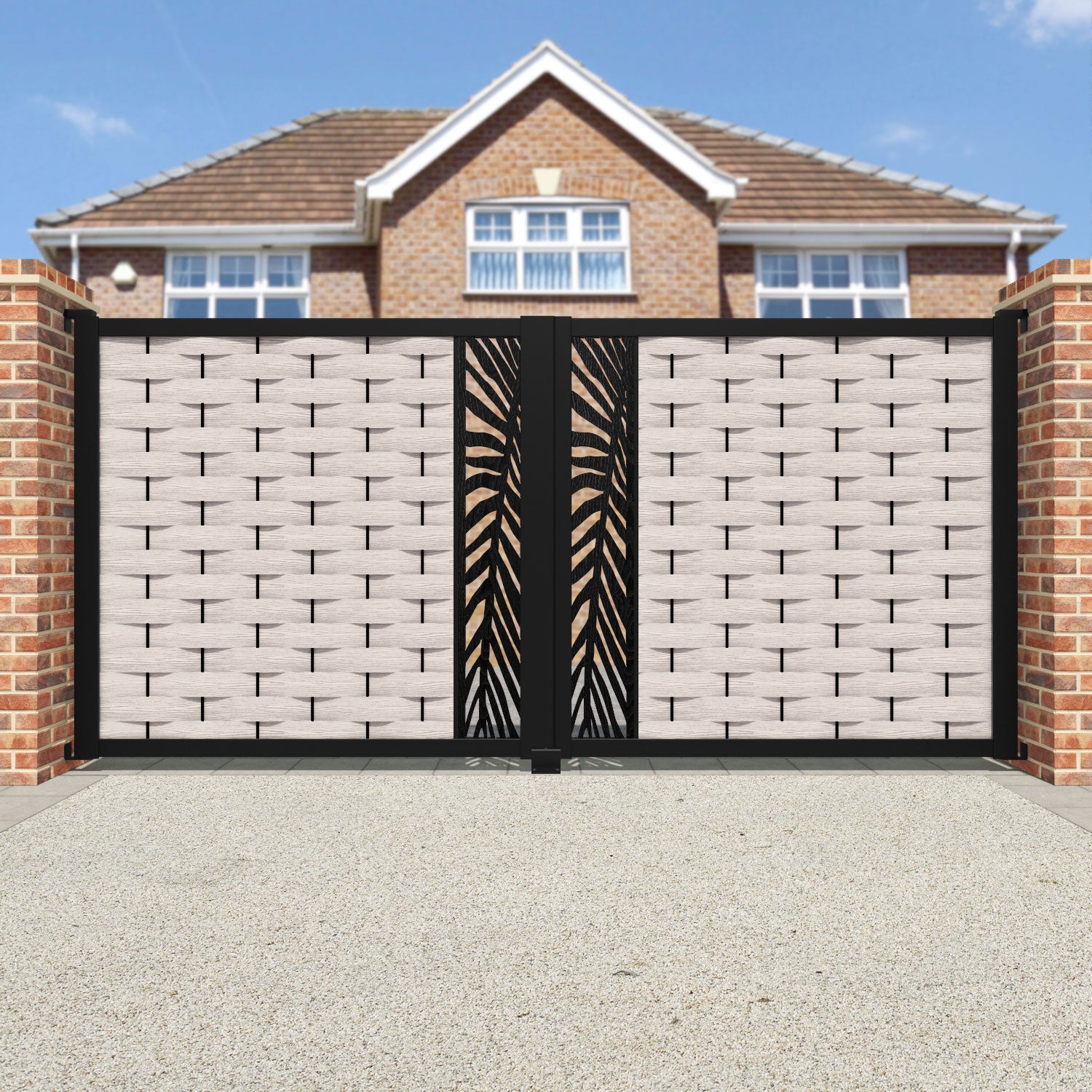 Ripple Palm Straight Top Driveway Gate - Mid Stone - Middle Screen