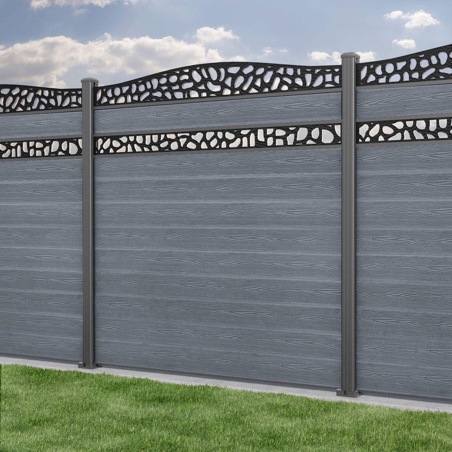 Classic Pebble Curved Top Split Screen Fence Panel - Anthracite - with our aluminium posts