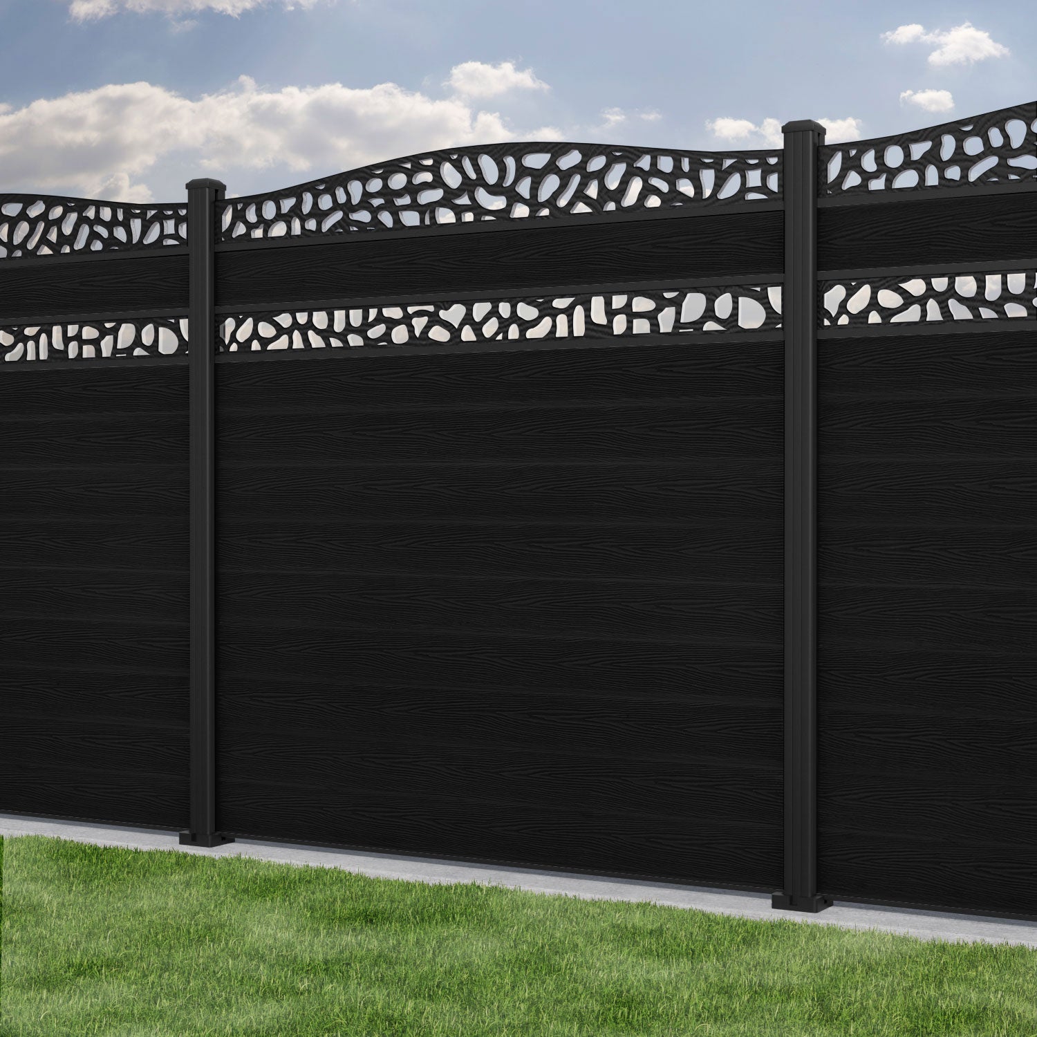Classic Pebble Curved Top Split Screen Fence Panel - Black - with our aluminium posts