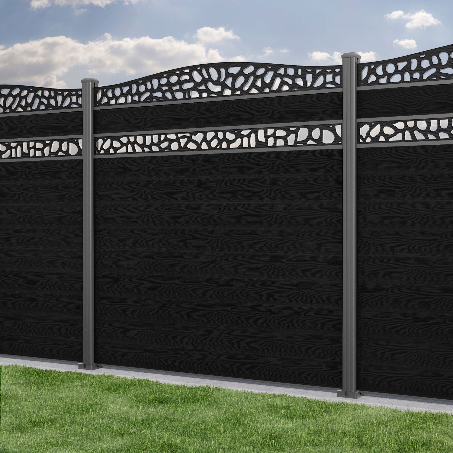 Classic Pebble Curved Top Split Screen Fence Panel - Black - with our aluminium posts