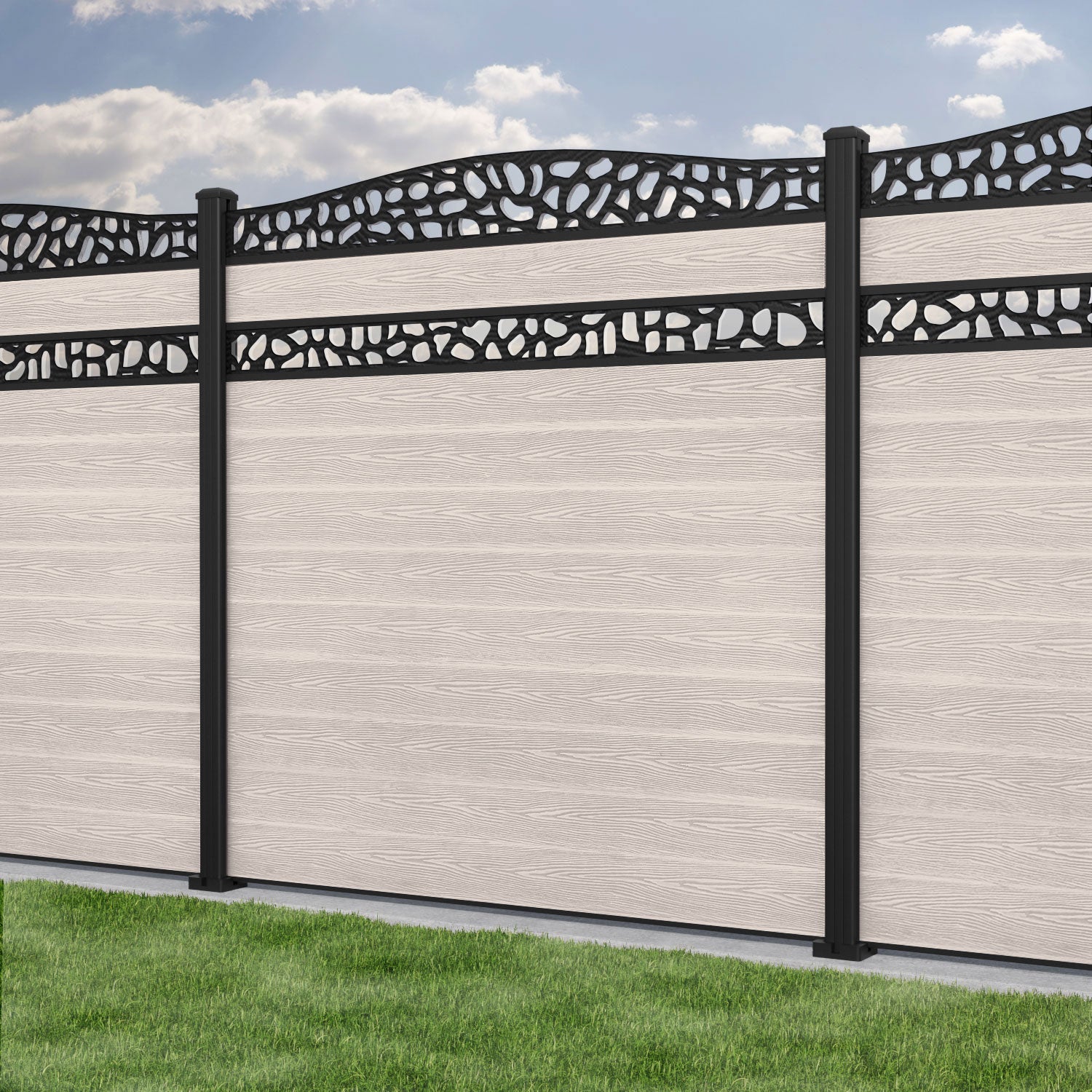 Classic Pebble Curved Top Split Screen Fence Panel - Mid Stone - with our aluminium posts