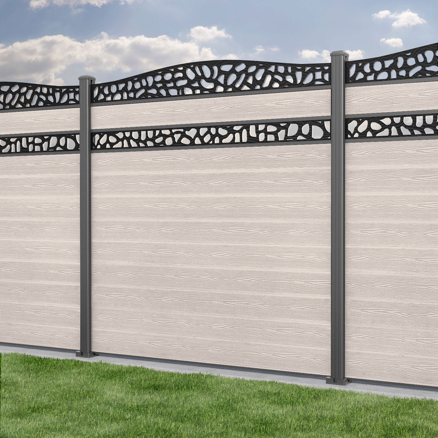 Classic Pebble Curved Top Split Screen Fence Panel - Mid Stone - with our aluminium posts