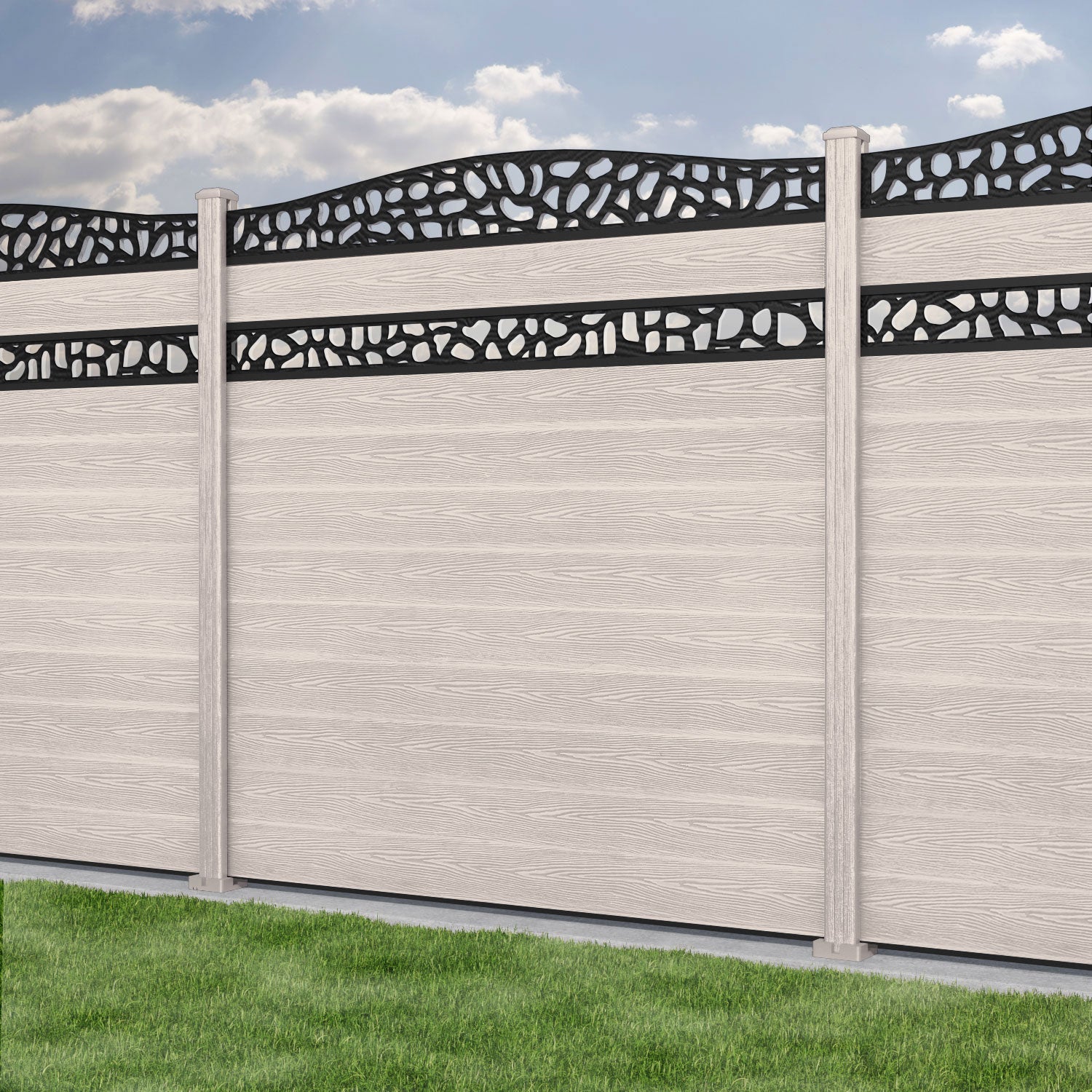 Classic Pebble Curved Top Split Screen Fence Panel - Mid Stone - with our composite posts