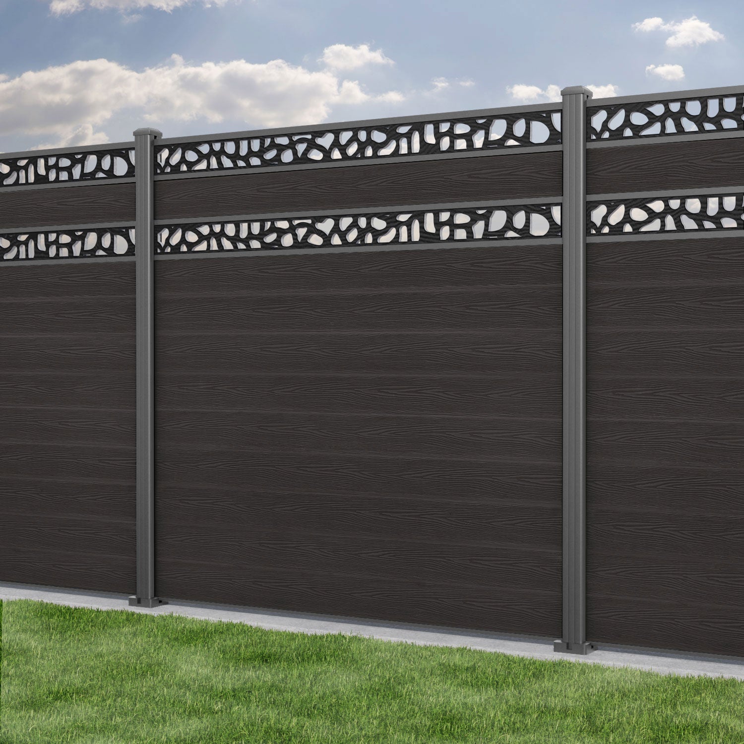 Classic Pebble Split Screen Fence Panel - Dark Oak - with our aluminium posts