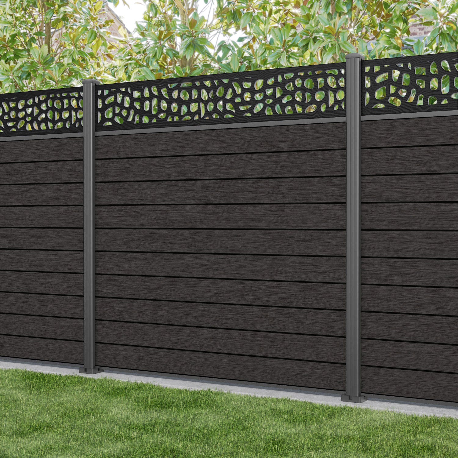 Fusion Pebble Fence Panel - Dark Oak - with our aluminium posts
