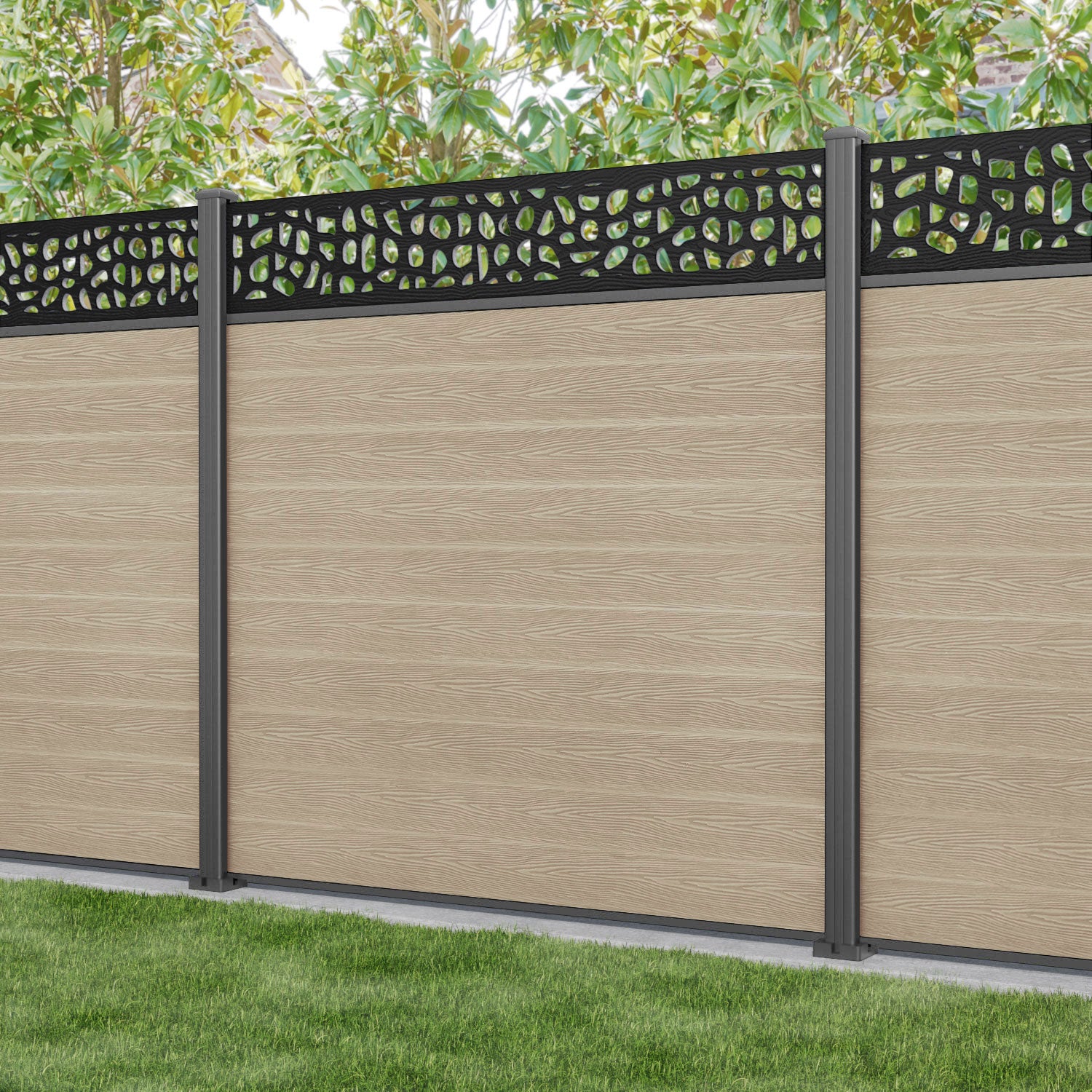 Classic Pebble Fence Panel - Light Oak - with our aluminium posts