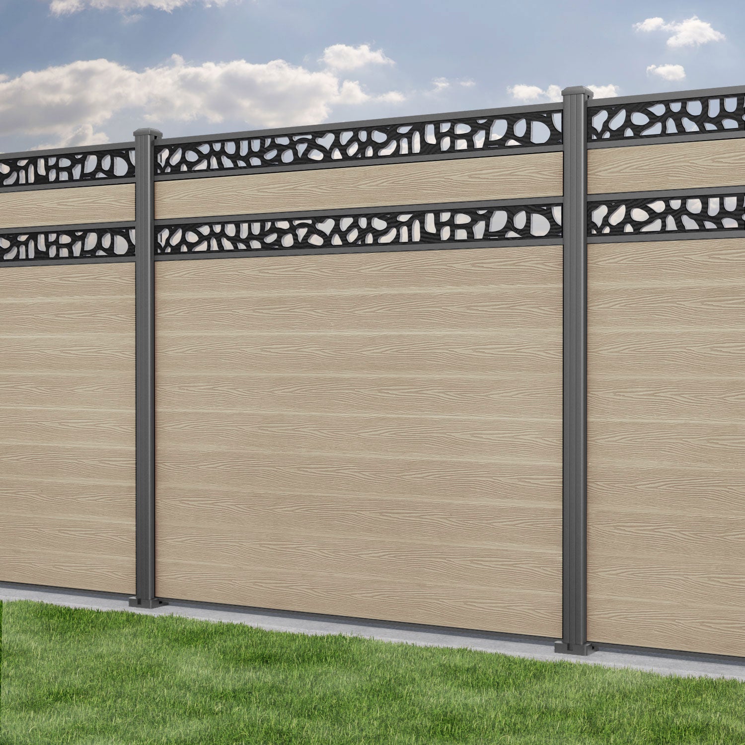 Classic Pebble Split Screen Fence Panel - Light Oak - with our aluminium posts