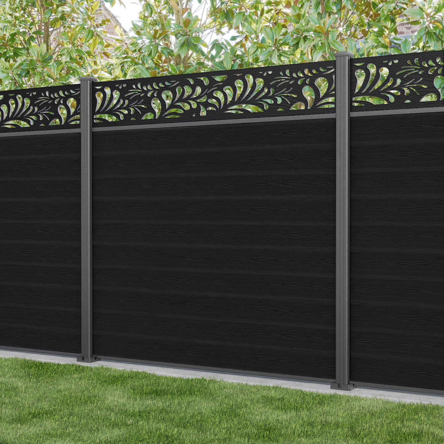 Classic Petal Fence Panel - Black - with our aluminium posts