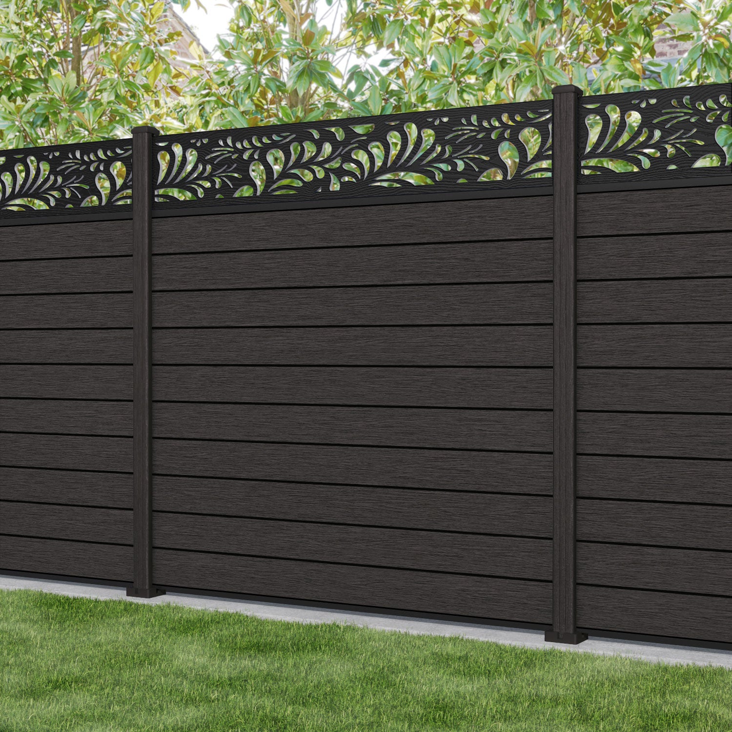 Fusion Petal Fence Panel - Dark Oak - with our composite posts
