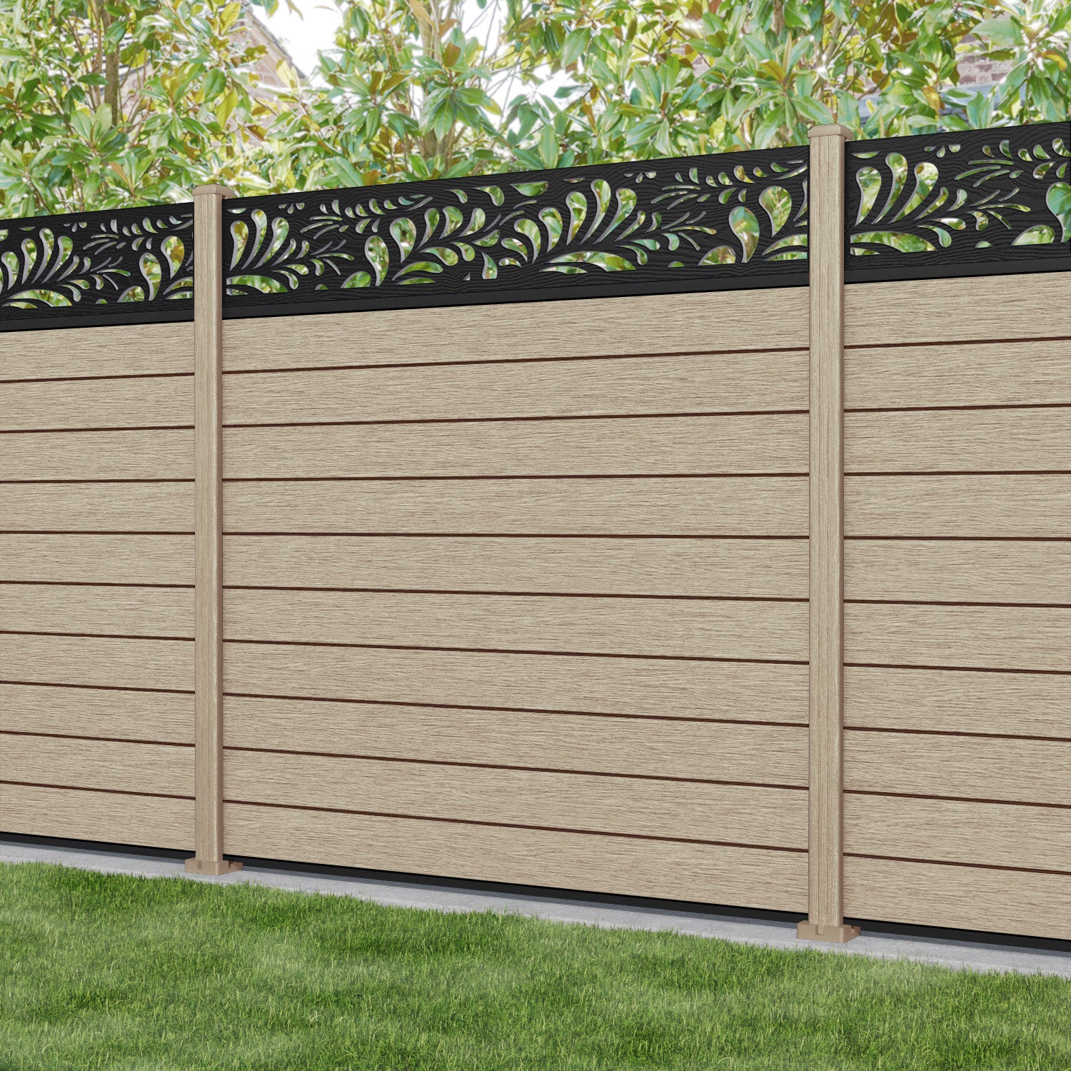Fusion Petal Fence Panel - Light Oak - with our composite posts