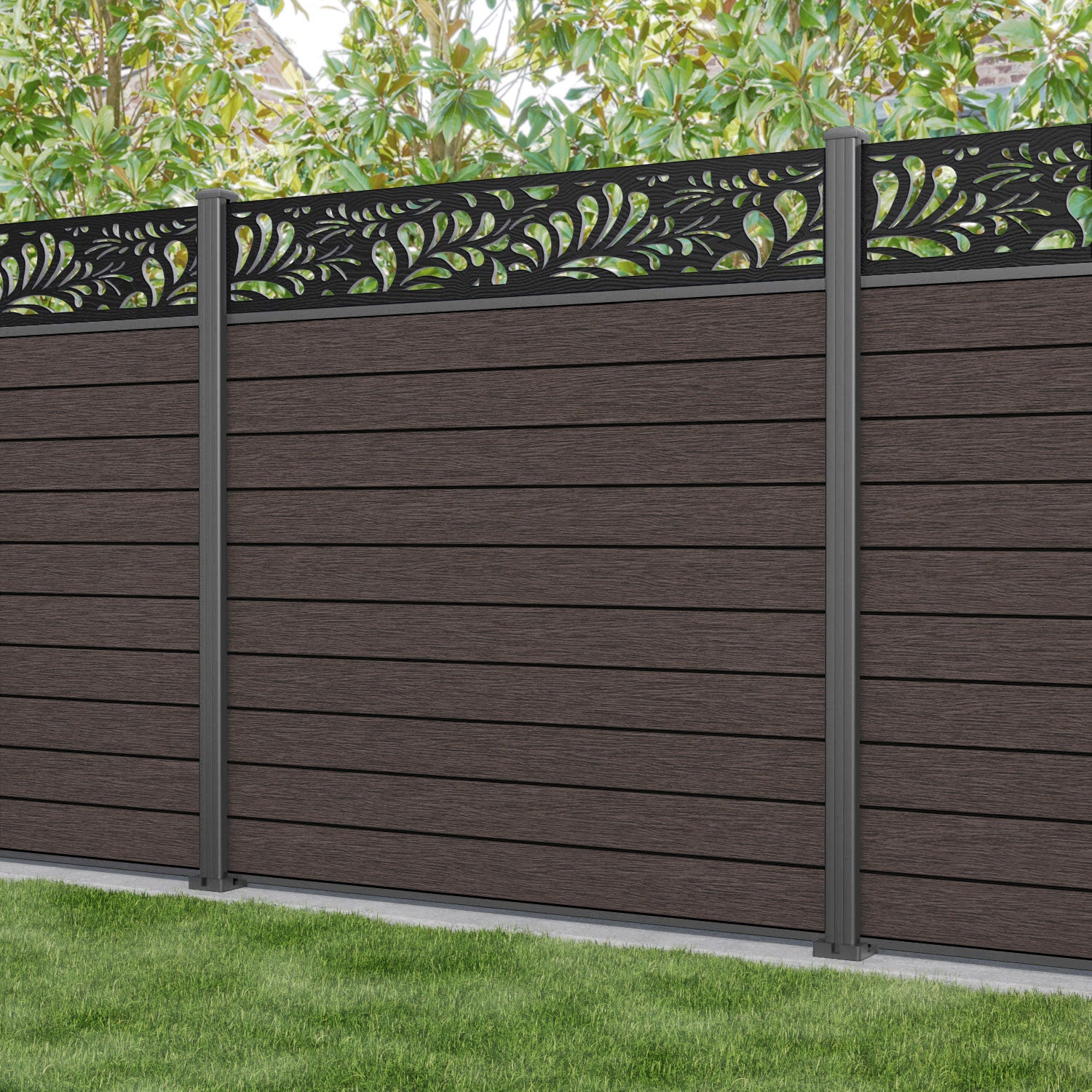 Fusion Petal Fence Panel - Mid Brown - with our aluminium posts