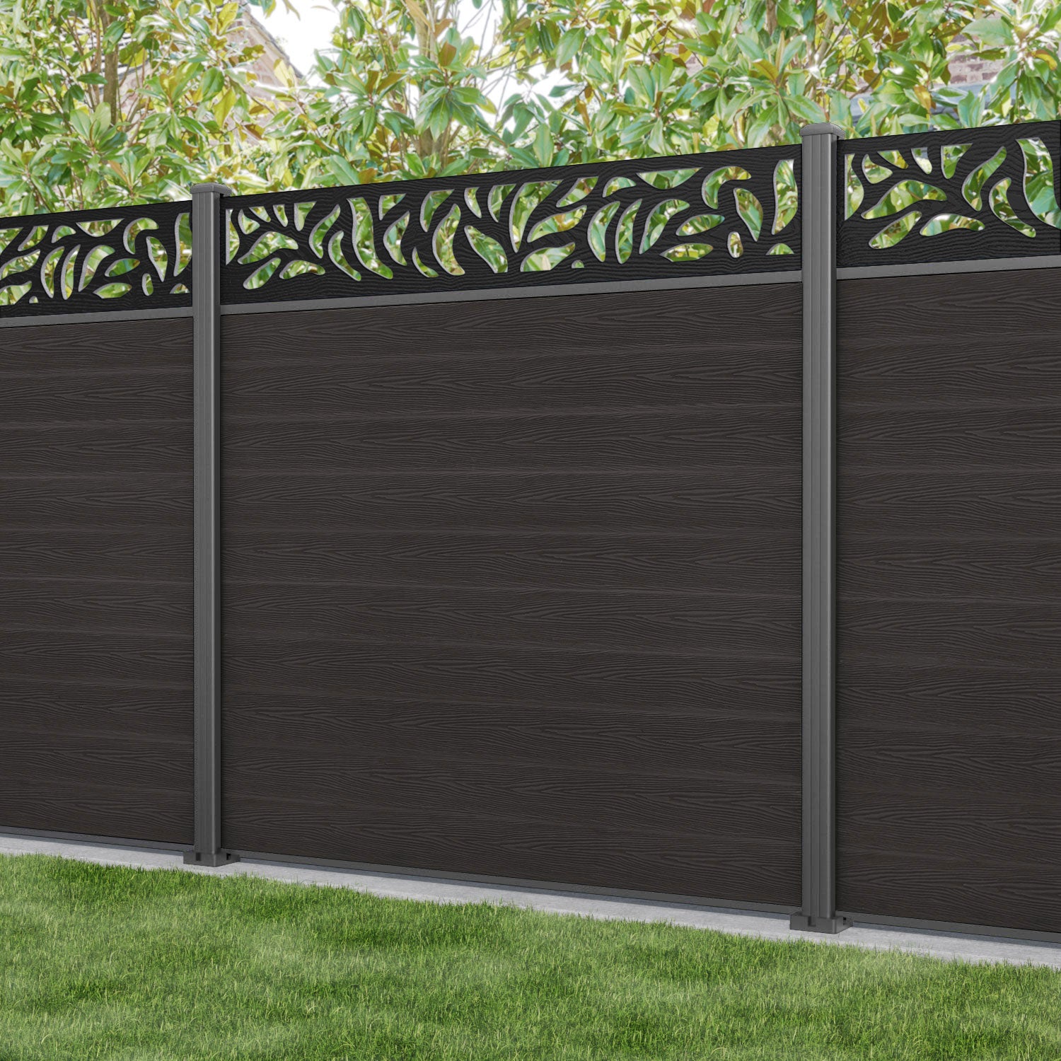 Classic Plume Fence Panel - Dark Oak - with our aluminium posts