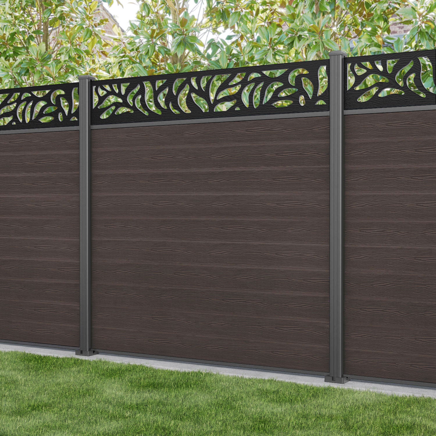 Classic Plume Fence Panel - Mid Brown - with our aluminium posts