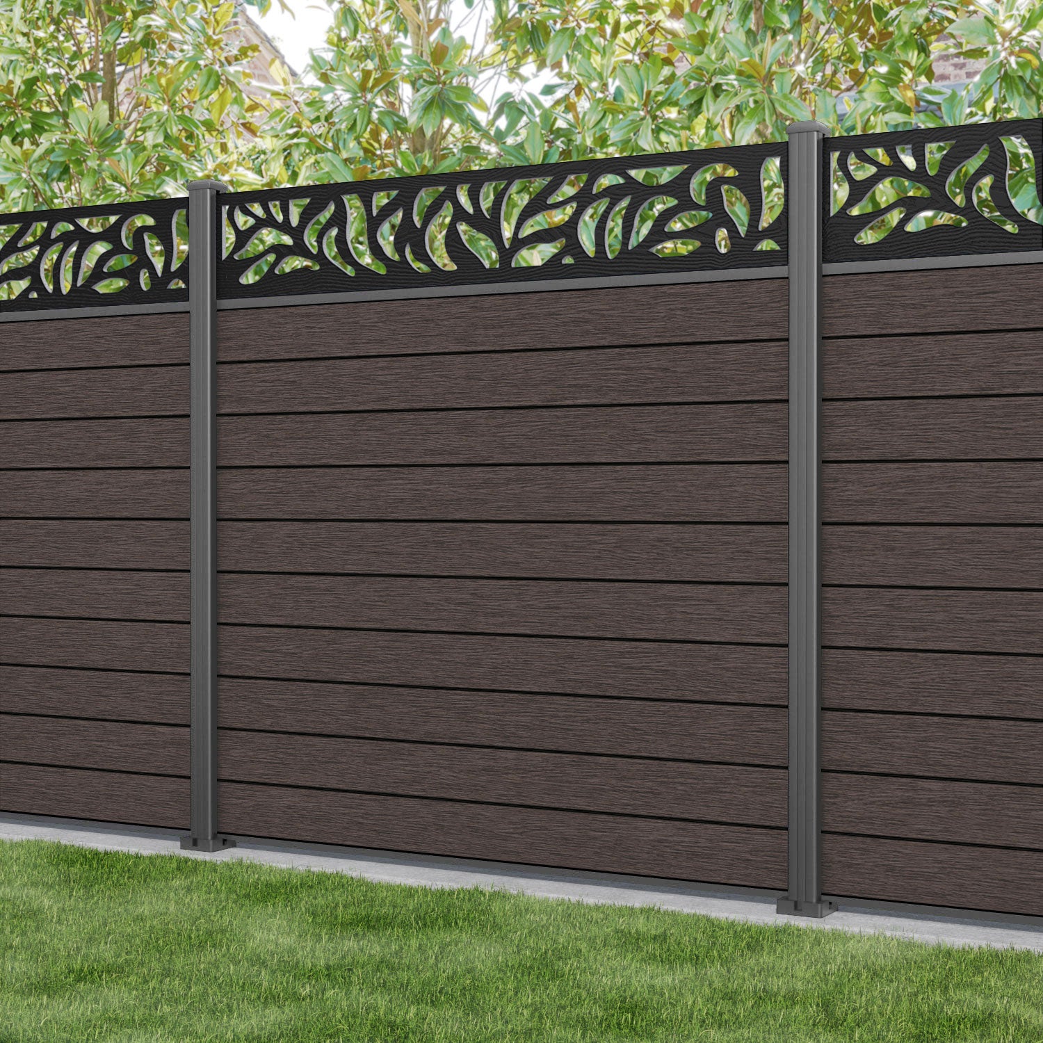 Fusion Plume Fence Panel - Mid Brown - with our aluminium posts