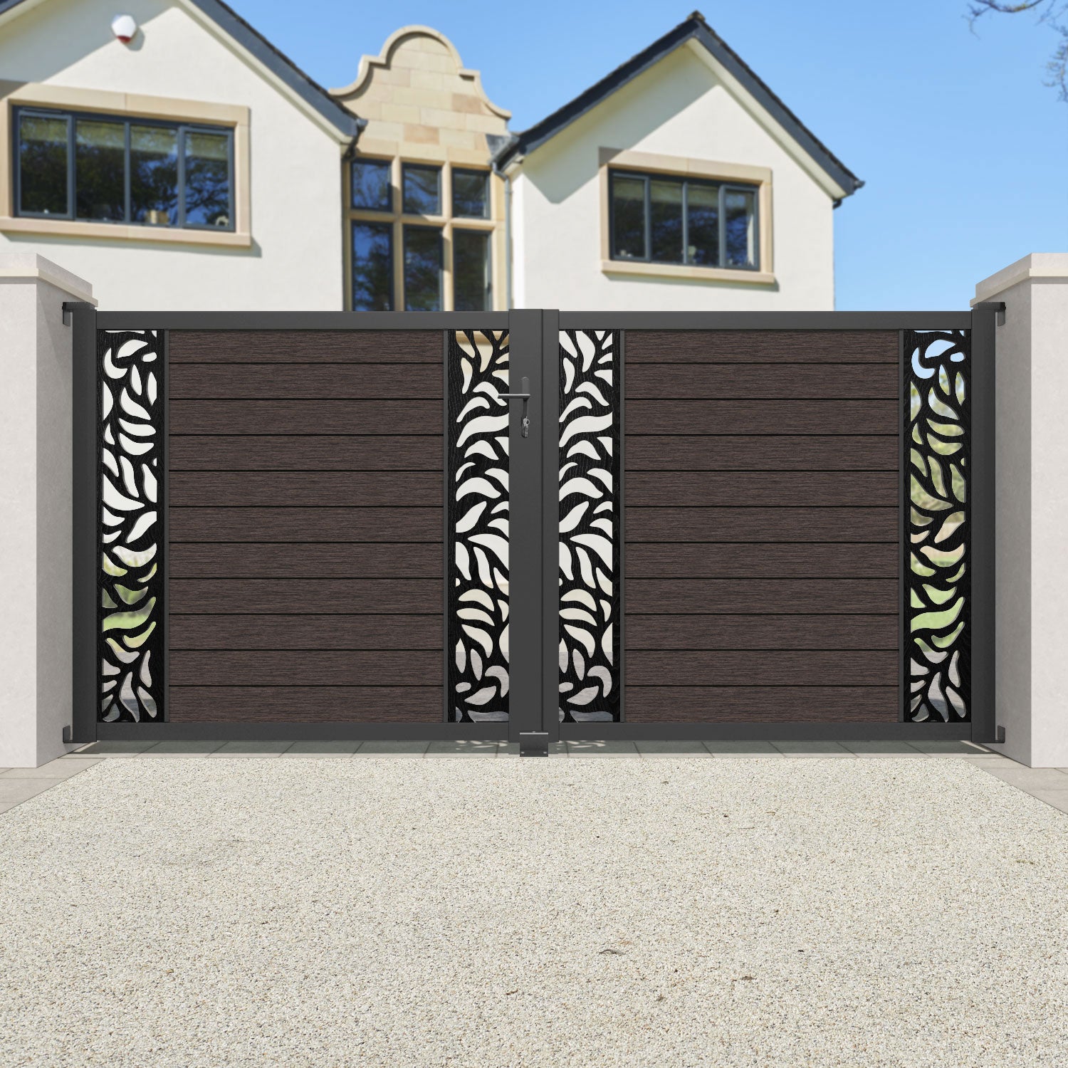 Fusion Plume Straight Top Driveway Gate - Mid Brown - Middle & End Screen