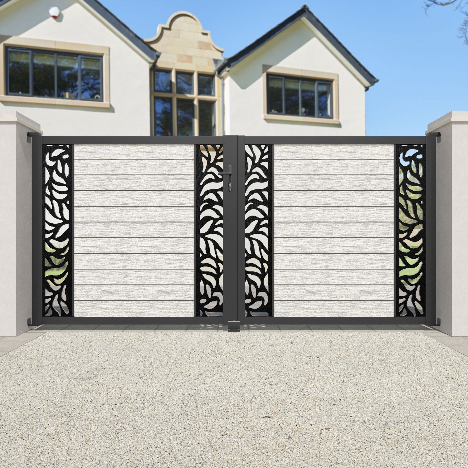 Fusion Plume Straight Top Driveway Gate - Light Stone - Middle & End Screen