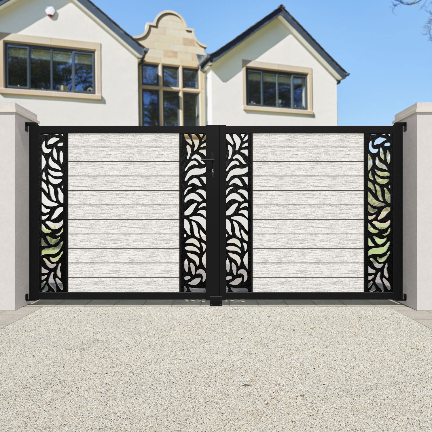 Fusion Plume Straight Top Driveway Gate - Light Stone - Middle & End Screen
