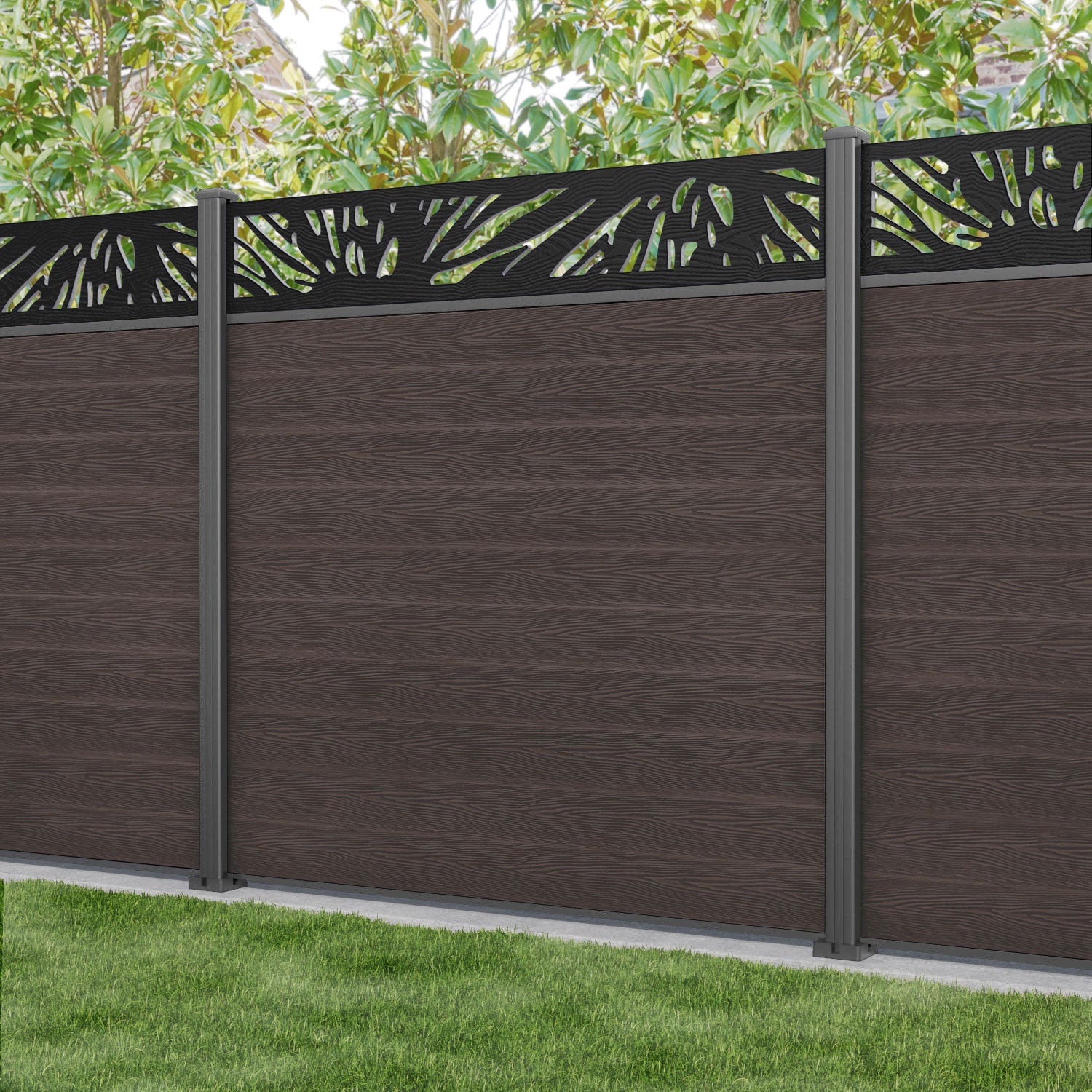 Classic Poppy Fence Panel - Mid Brown - with our aluminium posts