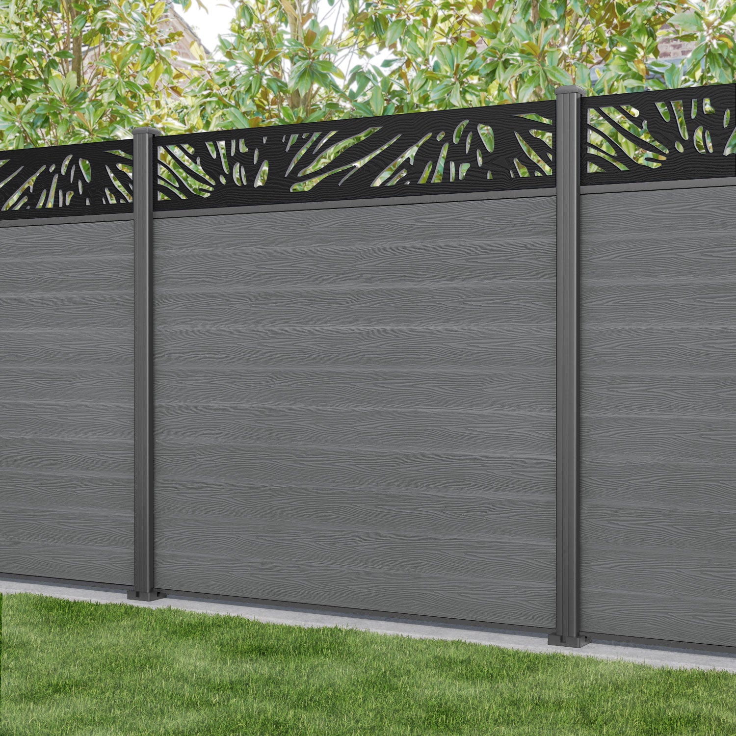 Classic Poppy Fence Panel - Mid Grey - with our aluminium posts
