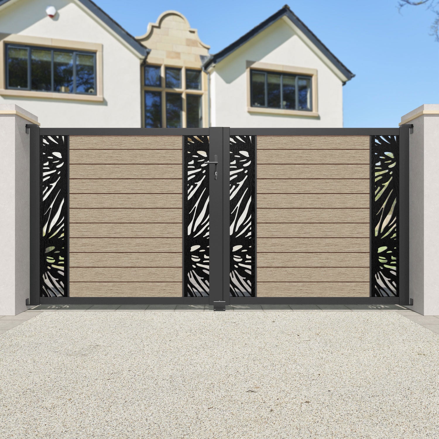 Fusion Prism Straight Top Driveway Gate - Light Oak - Middle & End Screen