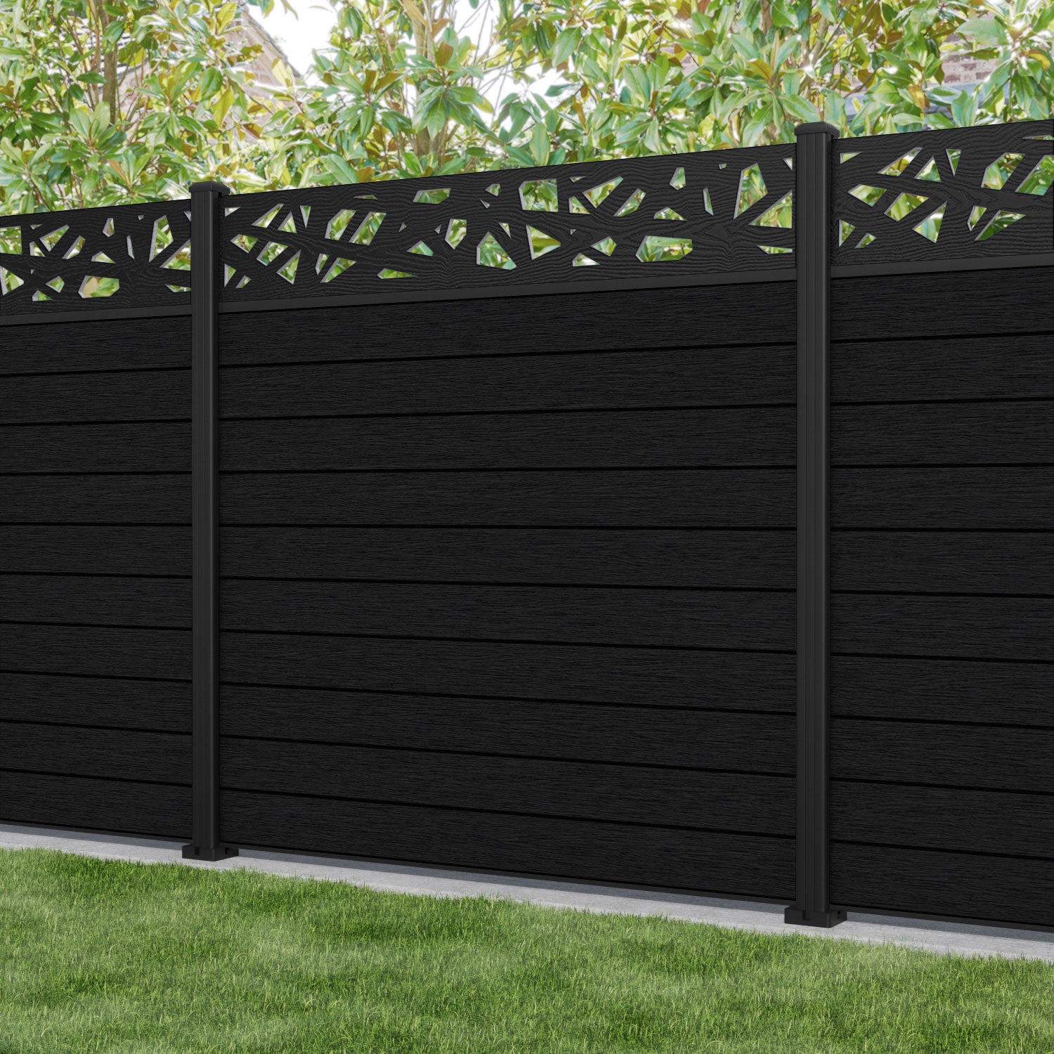 Fusion Prism Fence Panel - Black - with our aluminium posts