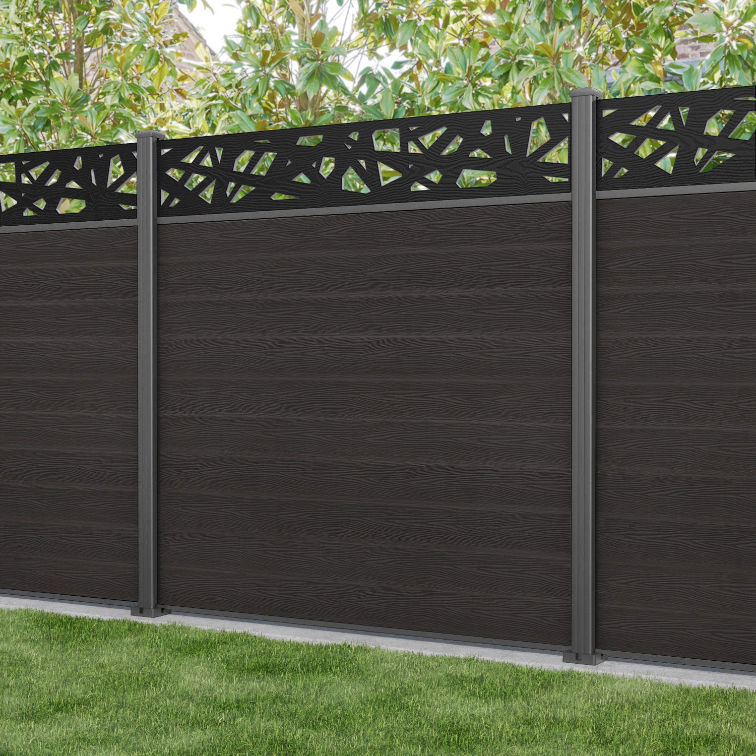 Classic Prism Fence Panel - Dark Oak - with our aluminium posts