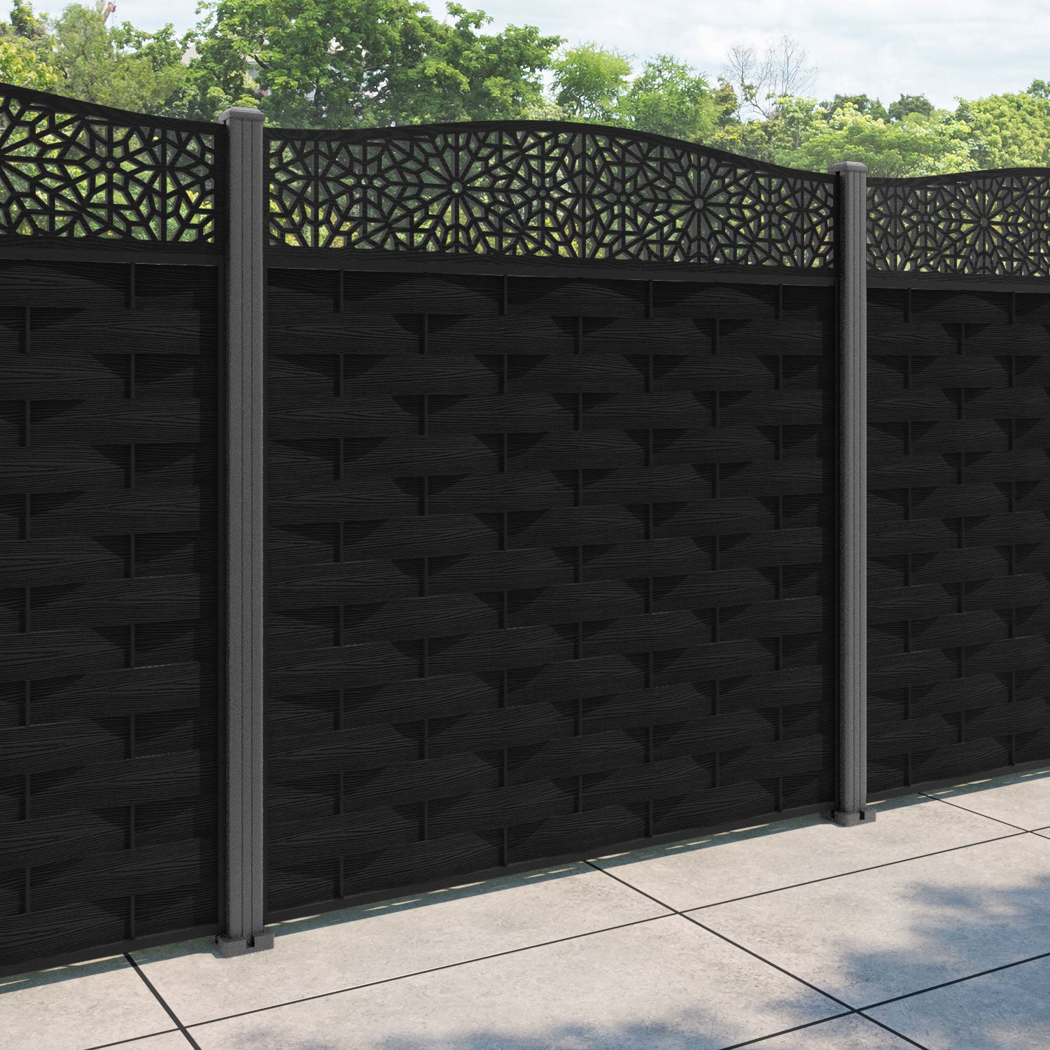 Ripple Alnara Curved Top Fence Panel - Black - with our aluminium posts