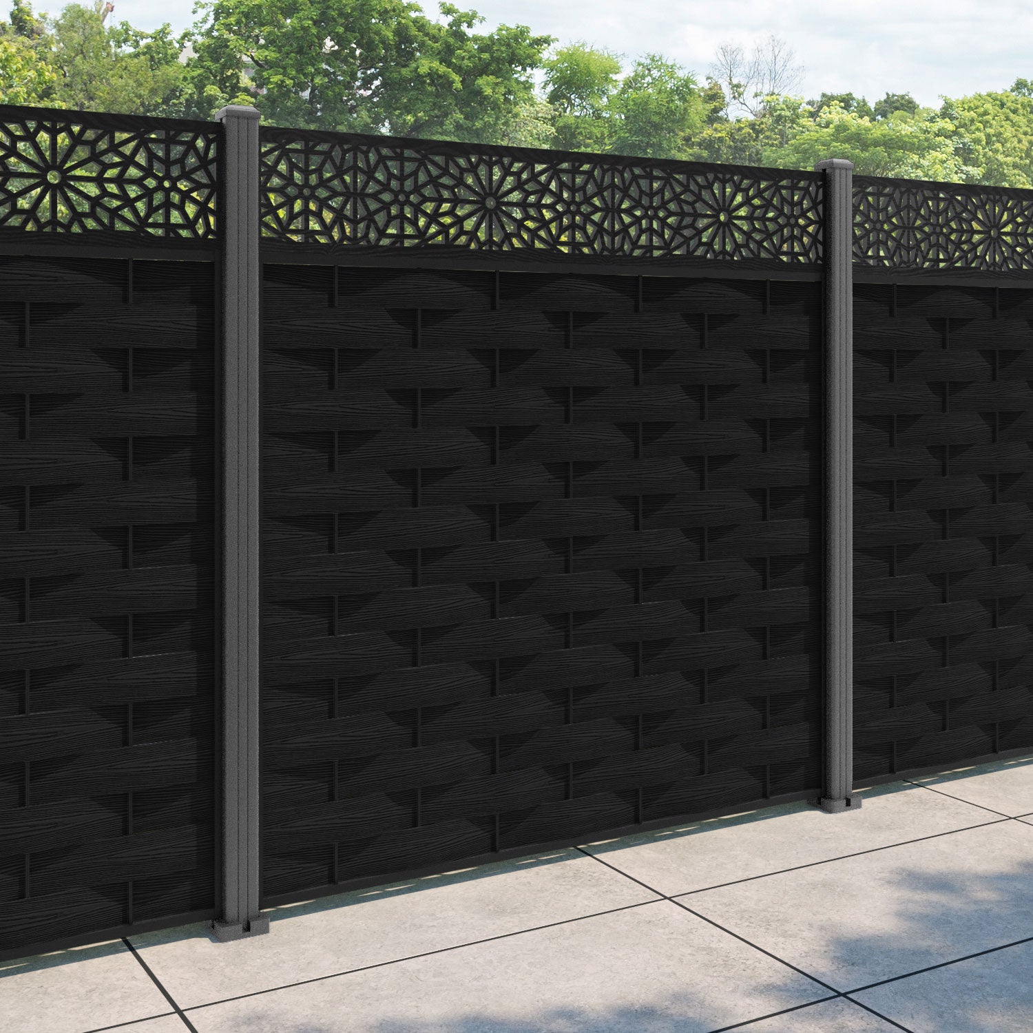 Ripple Alnara Fence Panel - Black - with our aluminium posts