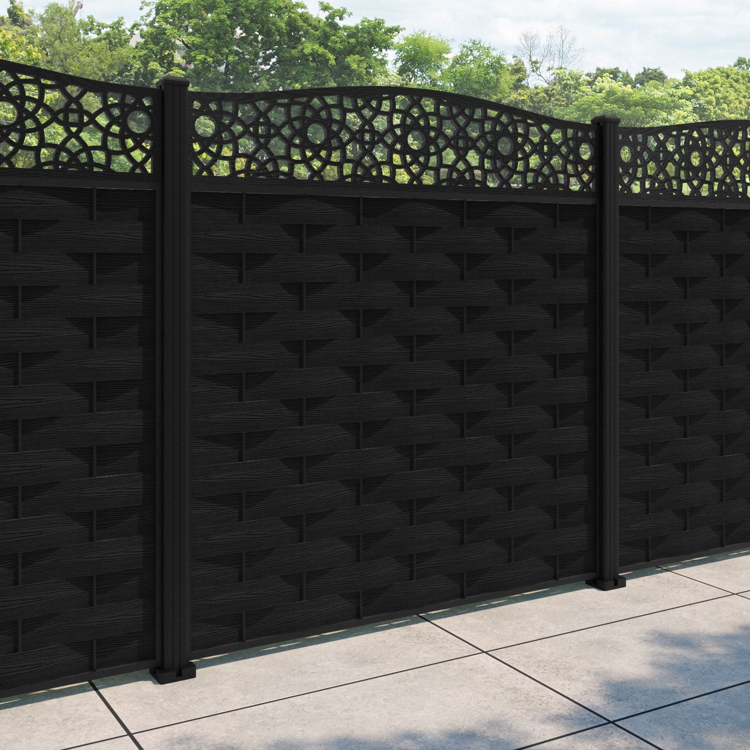 Ripple Ambar Curved Top Fence Panel - Black - with our aluminium posts