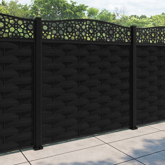 Ripple Ambar Curved Top Fence Panel - Black - with our aluminium posts