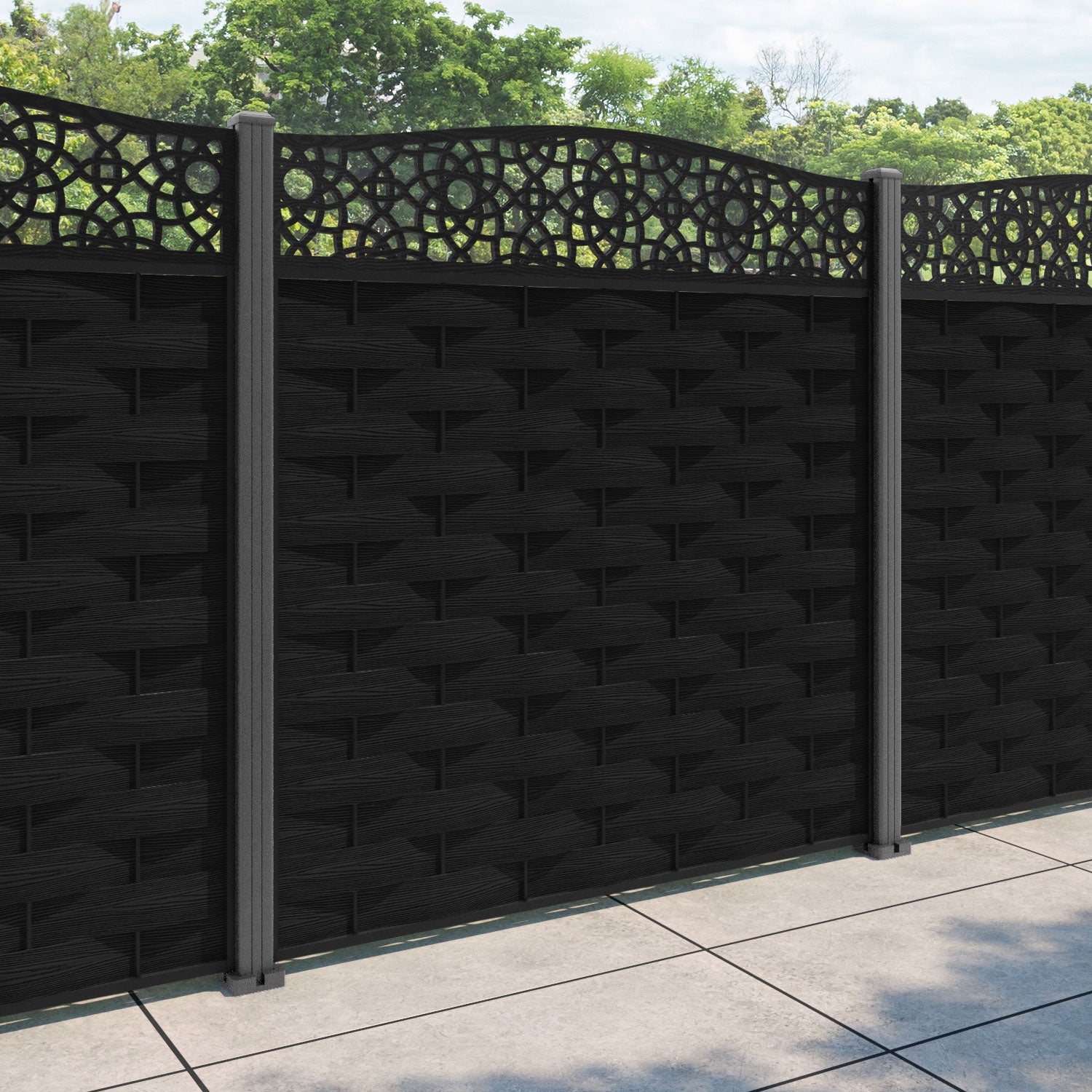 Ripple Ambar Curved Top Fence Panel - Black - with our aluminium posts