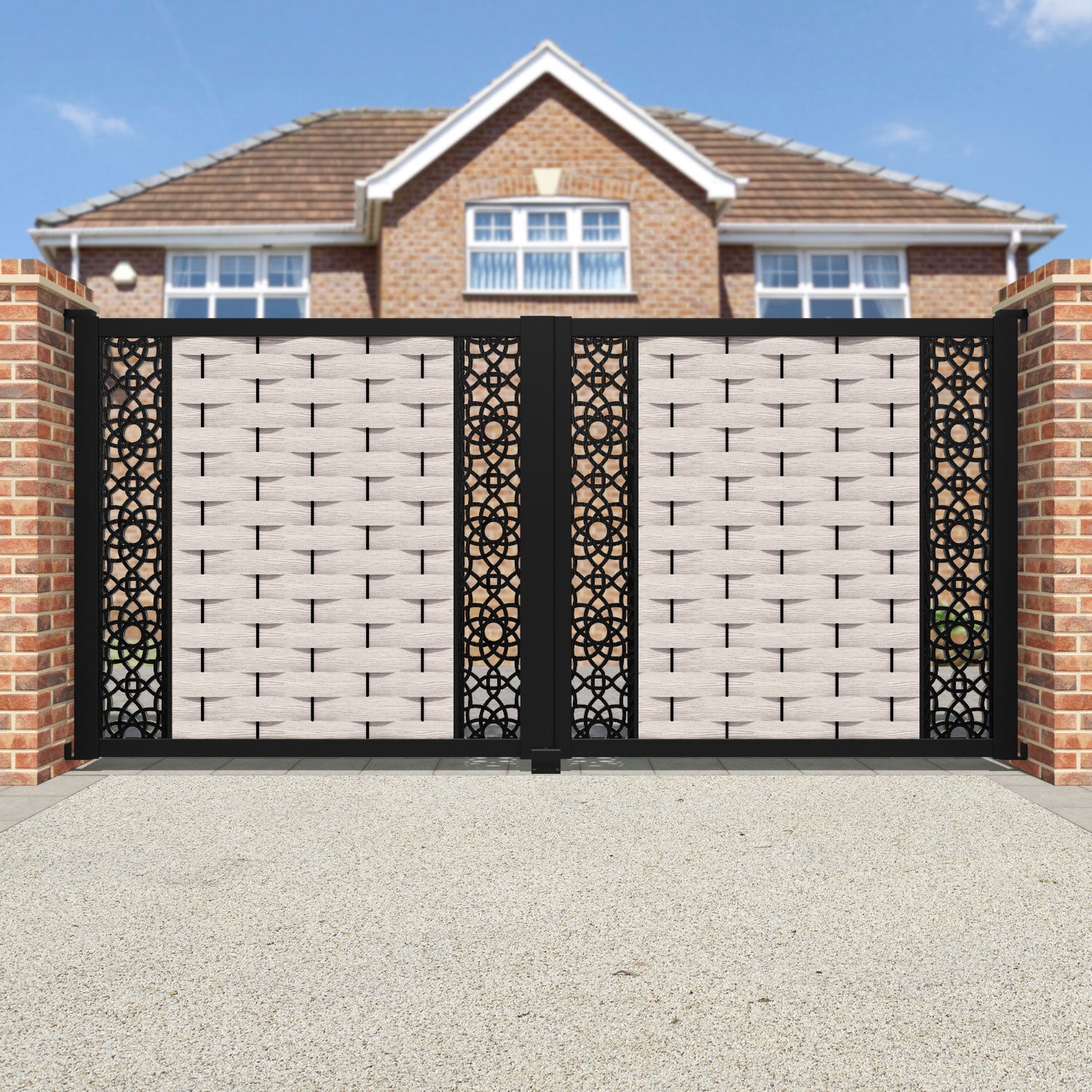 Ripple Ambar Straight Top Driveway Gate - Mid Stone - Middle & End Screen