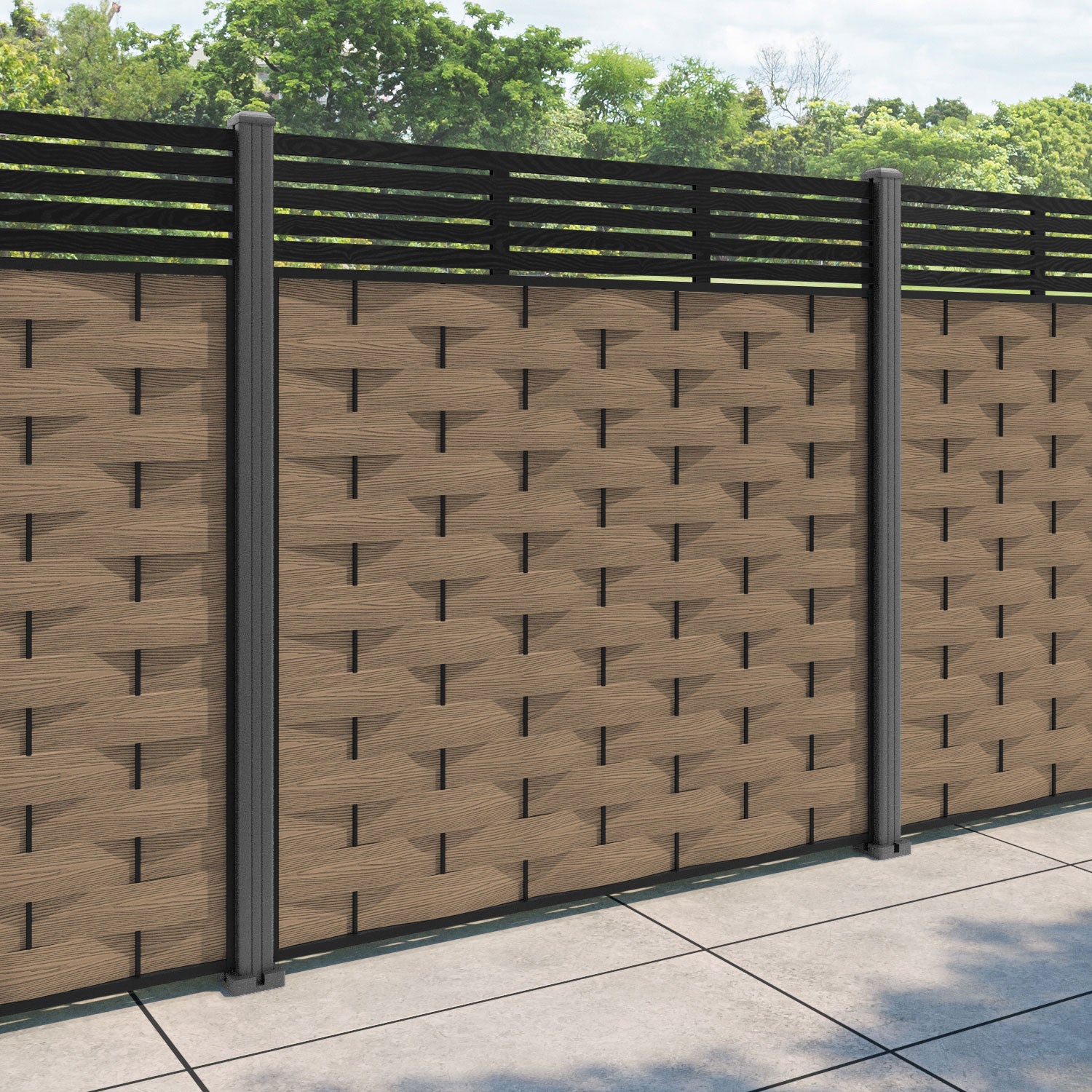Ripple Aspen Fence Panel - Teak - with our aluminium posts
