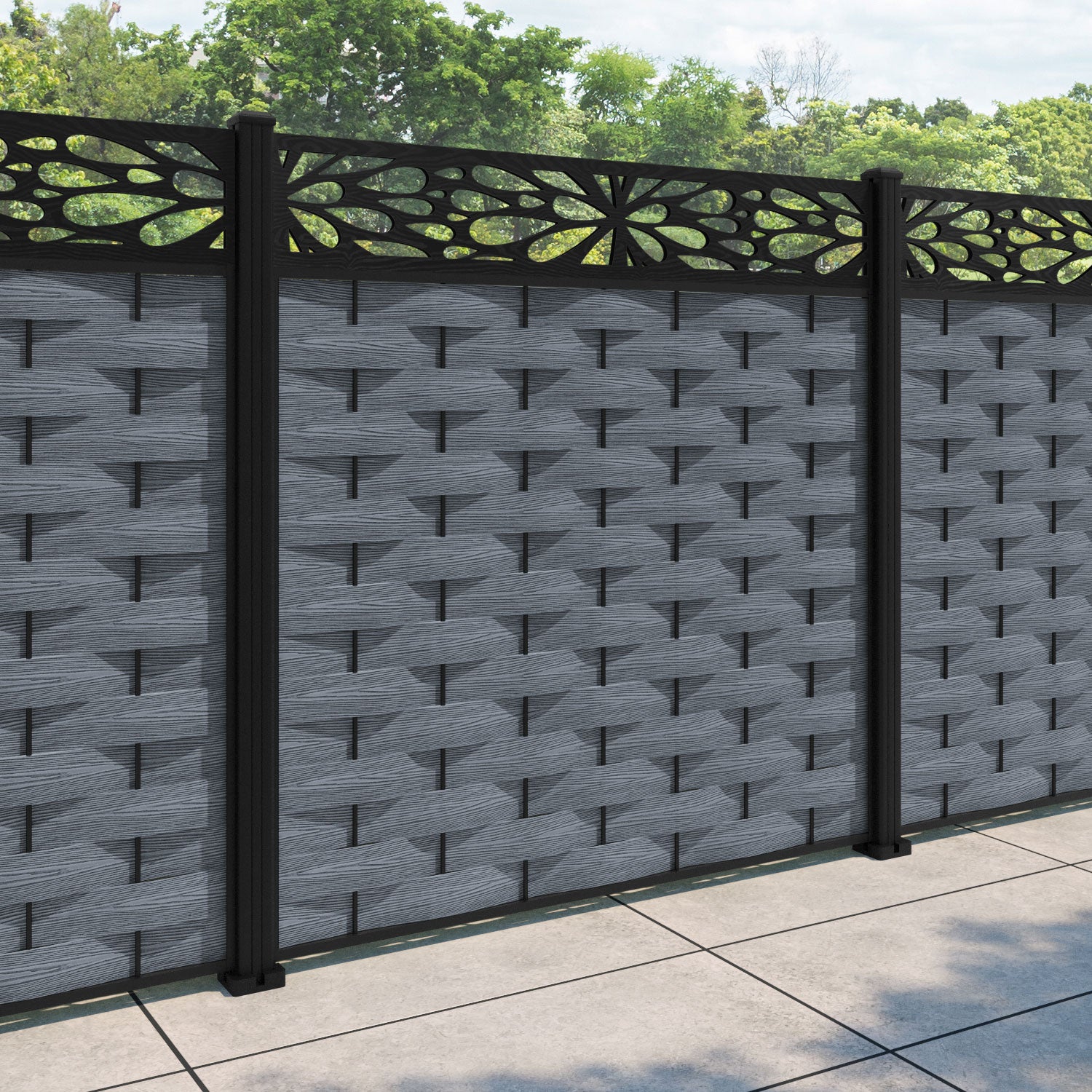 Ripple Blossom Fence Panel - Anthracite - with our aluminium posts