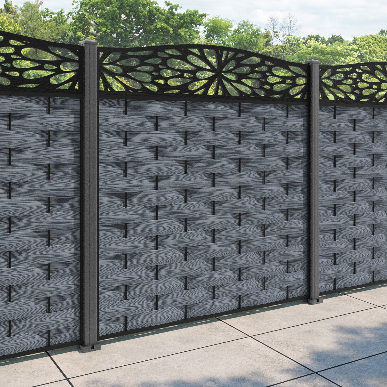 Ripple Blossom Curved Top Fence Panel - Anthracite - with our aluminium posts