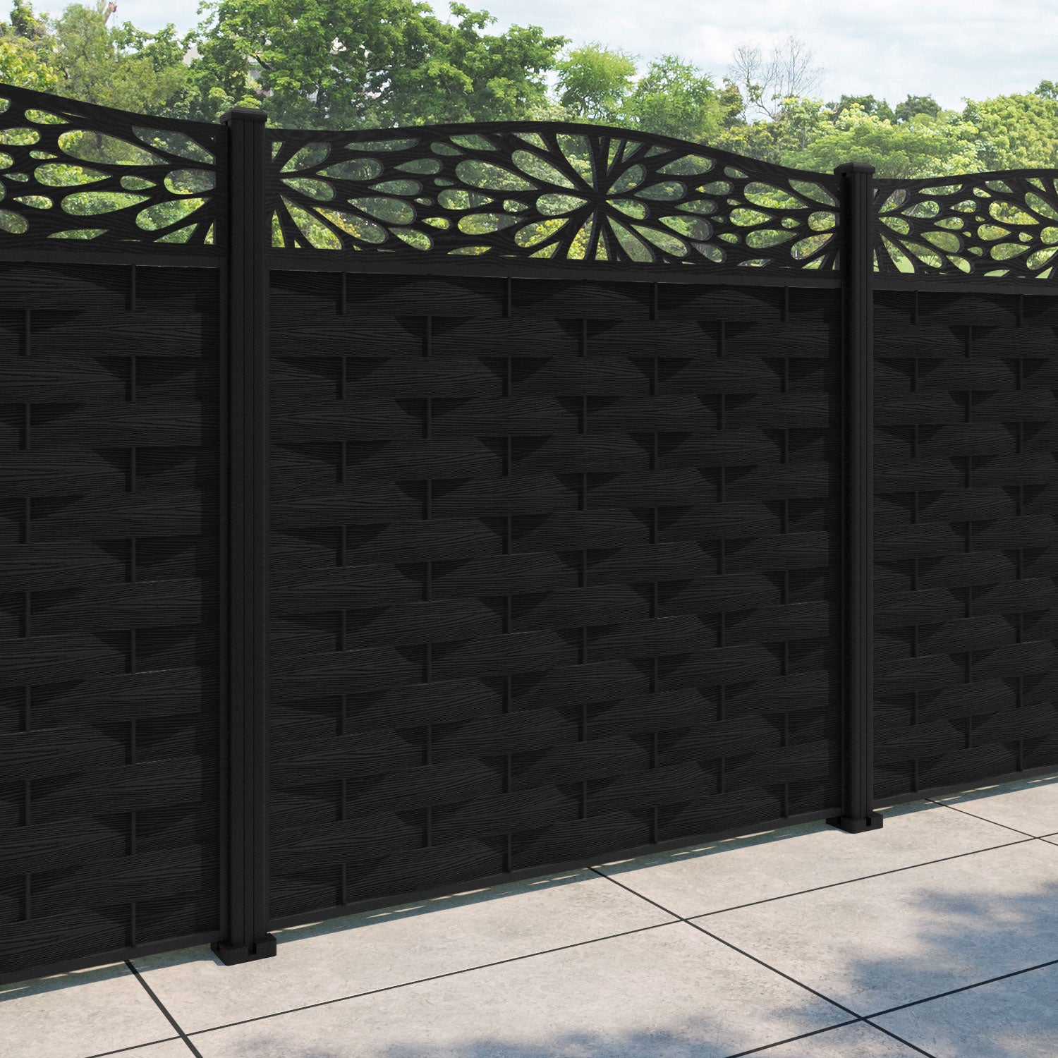 Ripple Blossom Curved Top Fence Panel - Black - with our aluminium posts