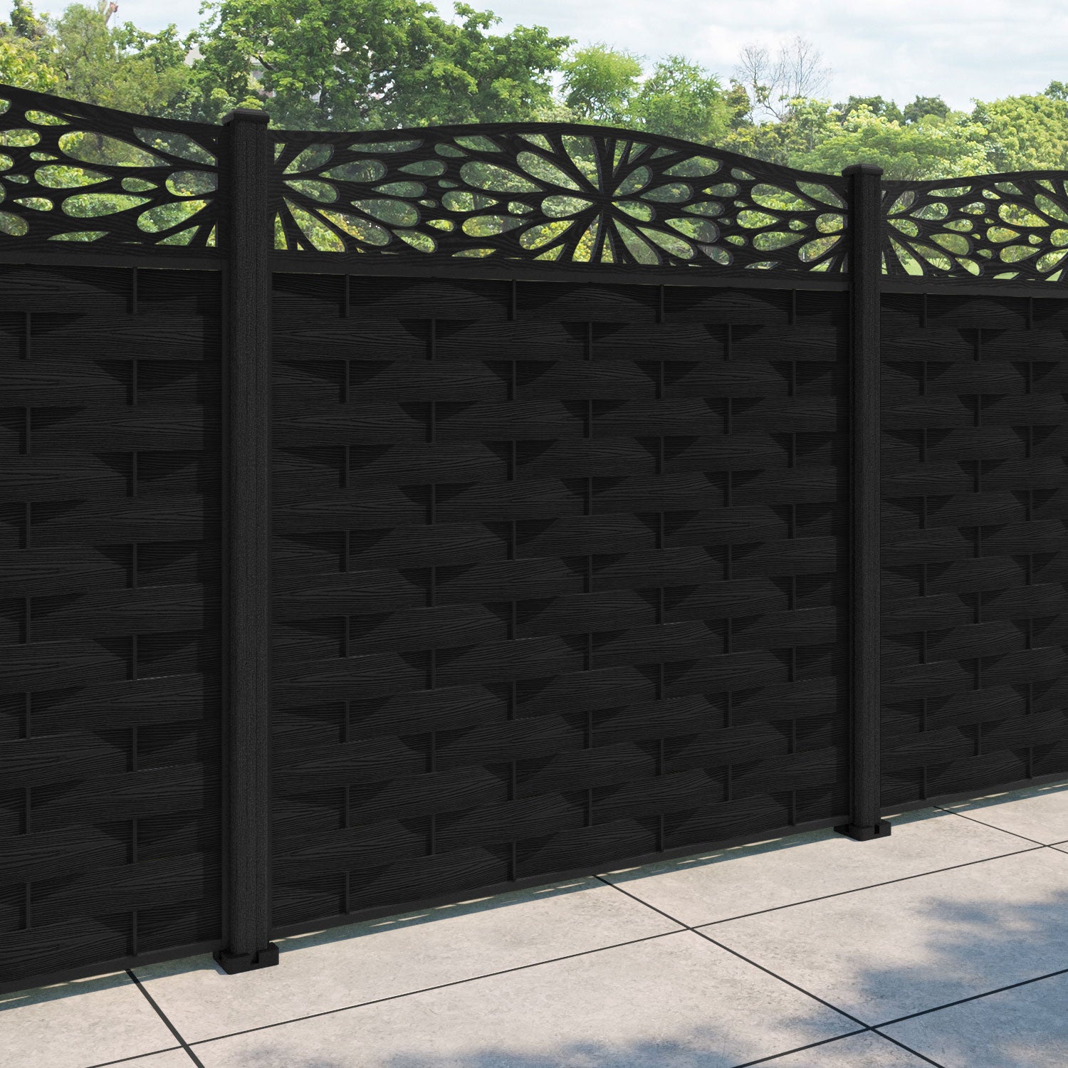 Ripple Blossom Curved Top Fence Panel - Black - with our composite posts