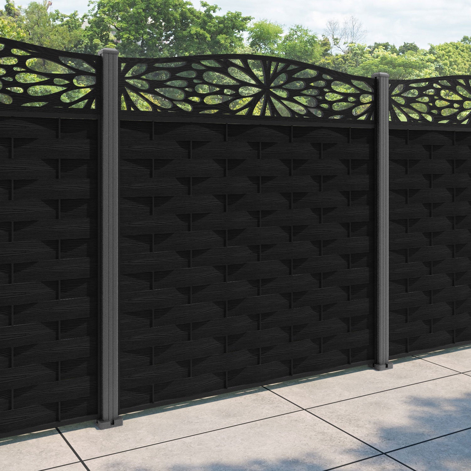 Ripple Blossom Curved Top Fence Panel - Black - with our aluminium posts
