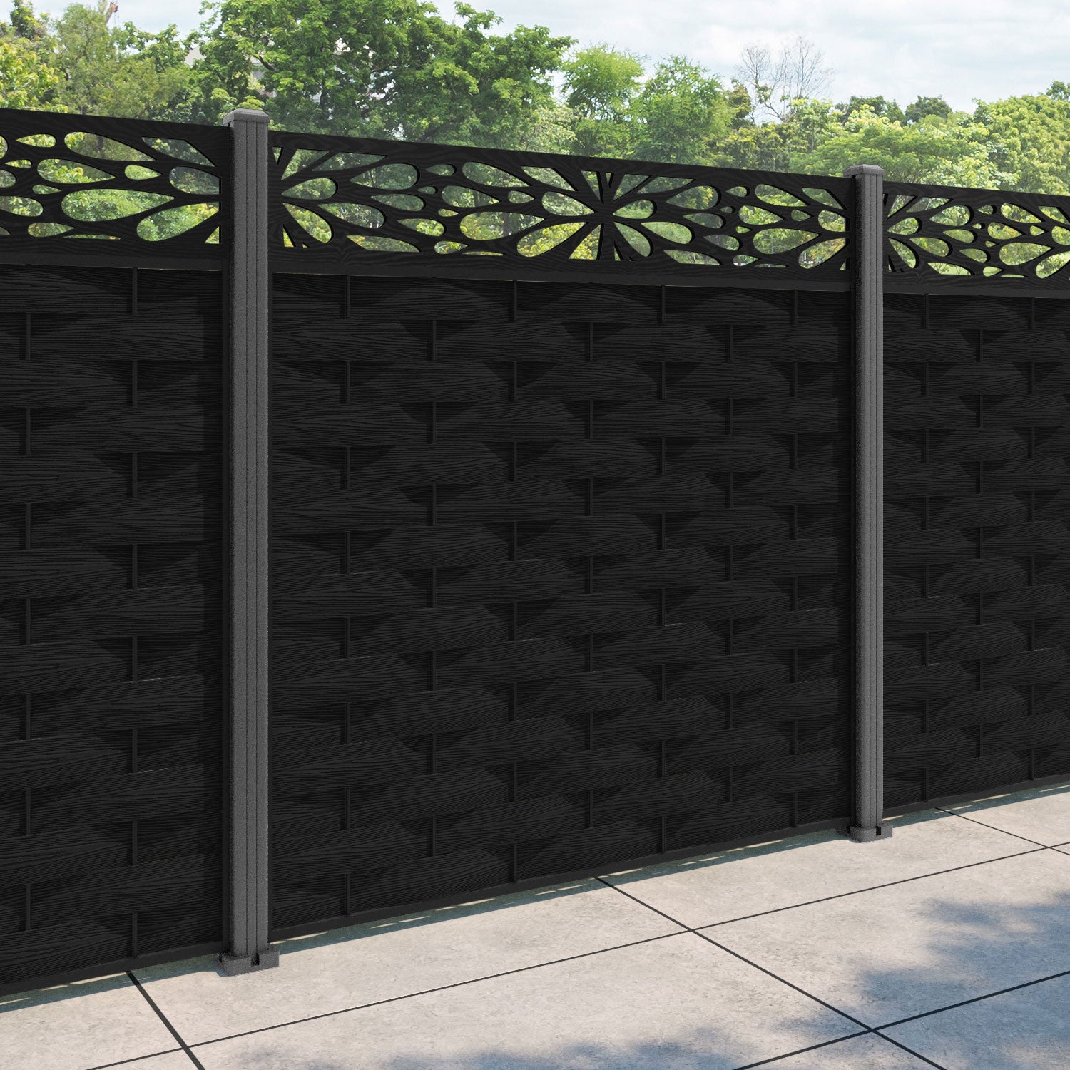 Ripple Blossom Fence Panel - Black - with our aluminium posts